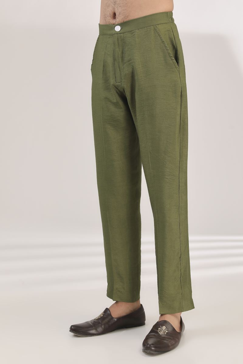 MEHENDI GREEN MULTI FULLY EMBROIDERED DUPION SILK KURTA AND COTTON SILK PANTS