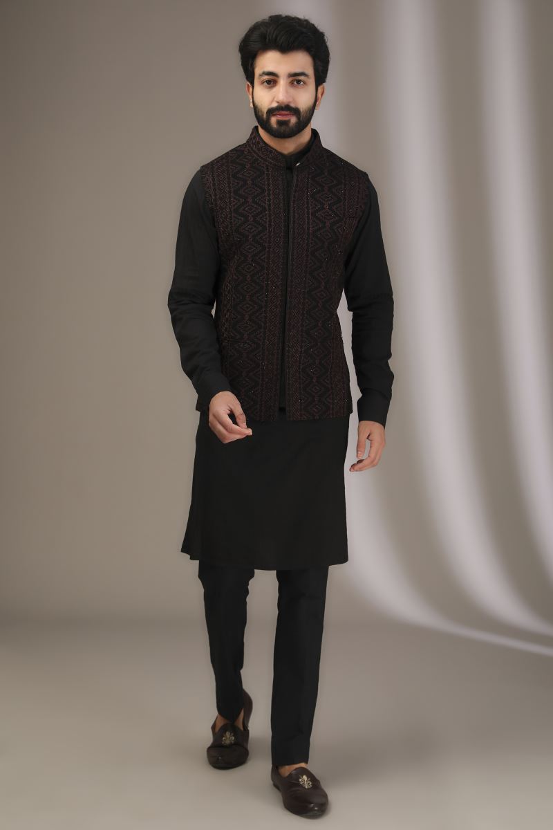 BLACK THREAD WORK AND SEQUINS BUNDI WITH KURTA AND PANTS