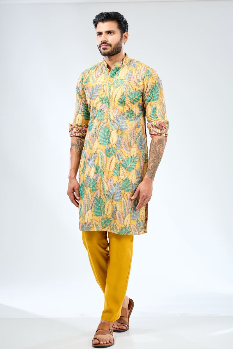 MULTI COLOR SILK ZARI AND SEQUINS WORK PRINT DETAILING KURTA WITH MATCHING COTTON SILK PANTS