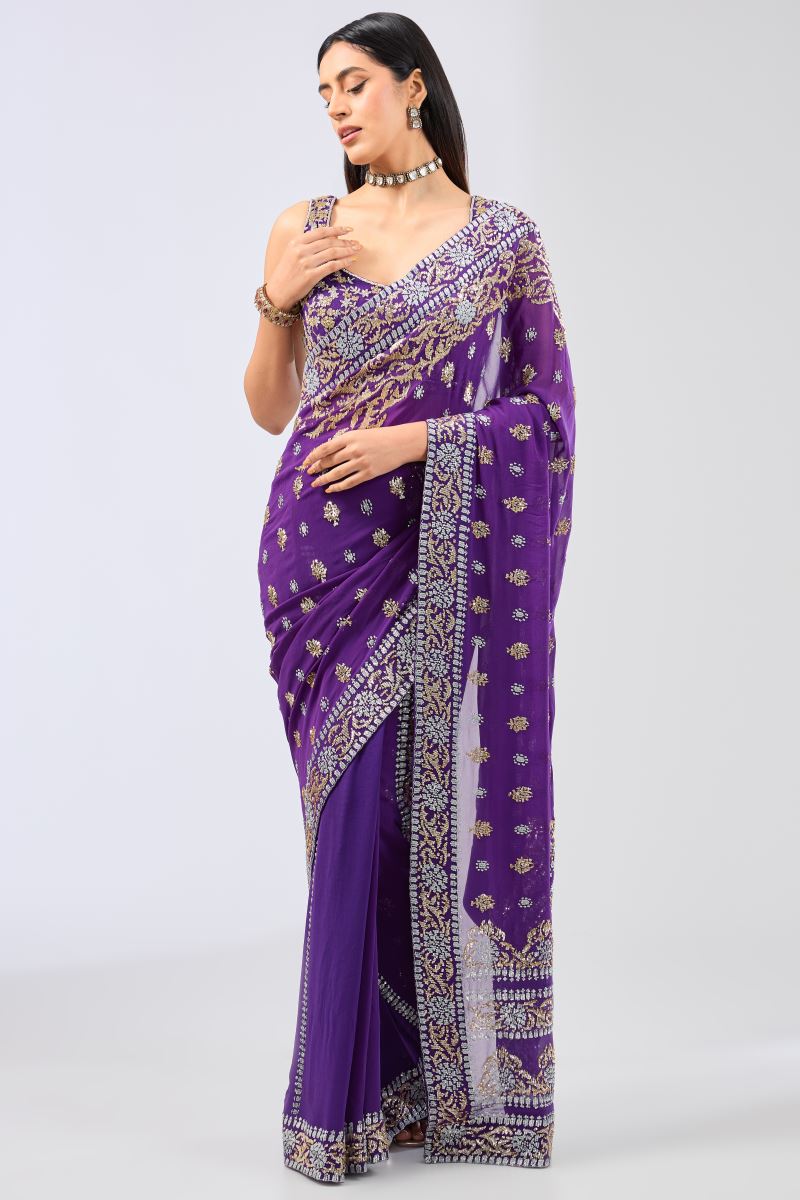NABIA PURPLE GEORGETTE FULL HAND EMBROIDERED THREE PANEL SAREE SET