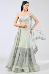 NADIA SAGE GREEN GEORGETTE METAL THREAD JAAL LEHENGA WITH NET ATTACHED DRAPE AND BLOUSE