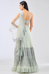 NADIA SAGE GREEN GEORGETTE METAL THREAD JAAL LEHENGA WITH NET ATTACHED DRAPE AND BLOUSE