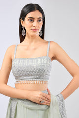 NADIA SAGE GREEN GEORGETTE METAL THREAD JAAL LEHENGA WITH NET ATTACHED DRAPE AND BLOUSE