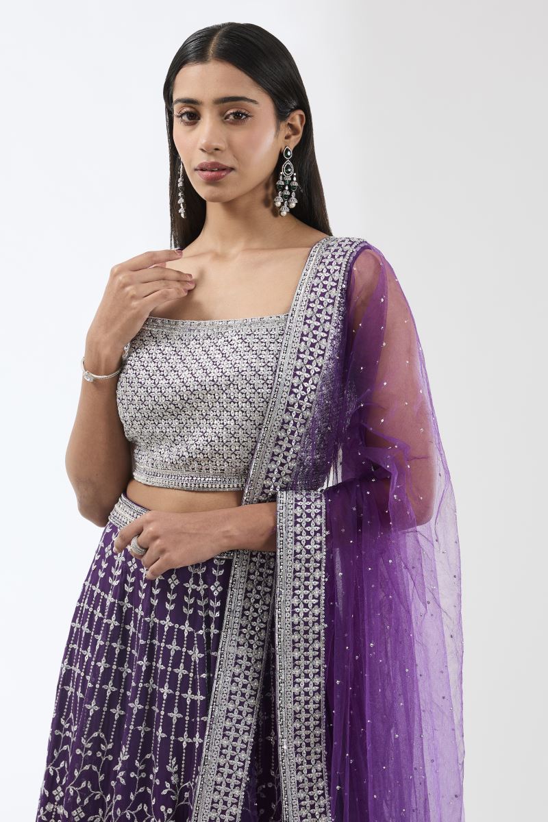 NADIA PURPLE WITH SILVER METAL THREAD JAAL LEHENGA SET