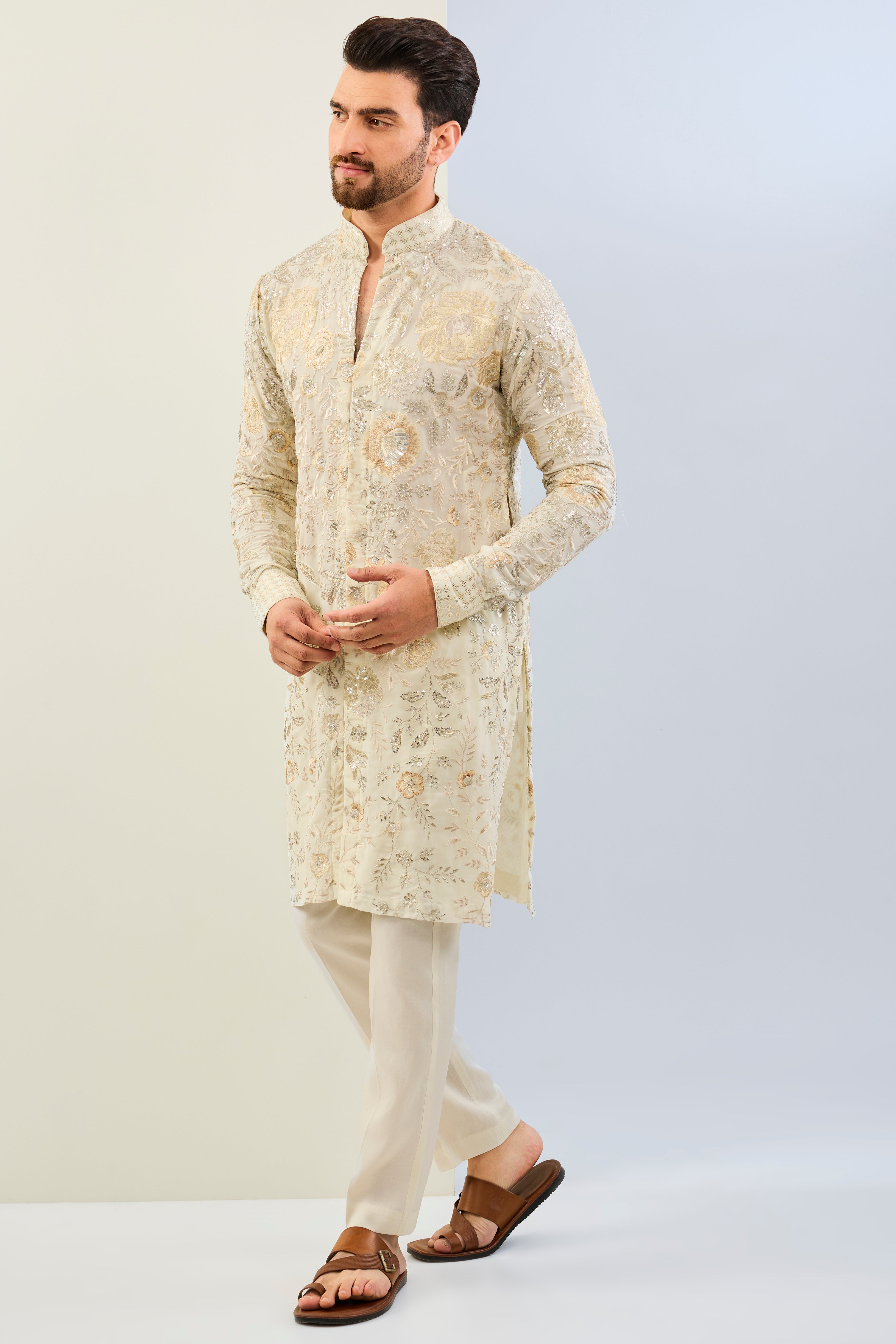 OFFWHITE GORGETTE LINED FULLY EMBOIDERED TONAL THREAD SEQUIN EMBOIDERED KURTA AND MATCHING COTTON SILK PANT