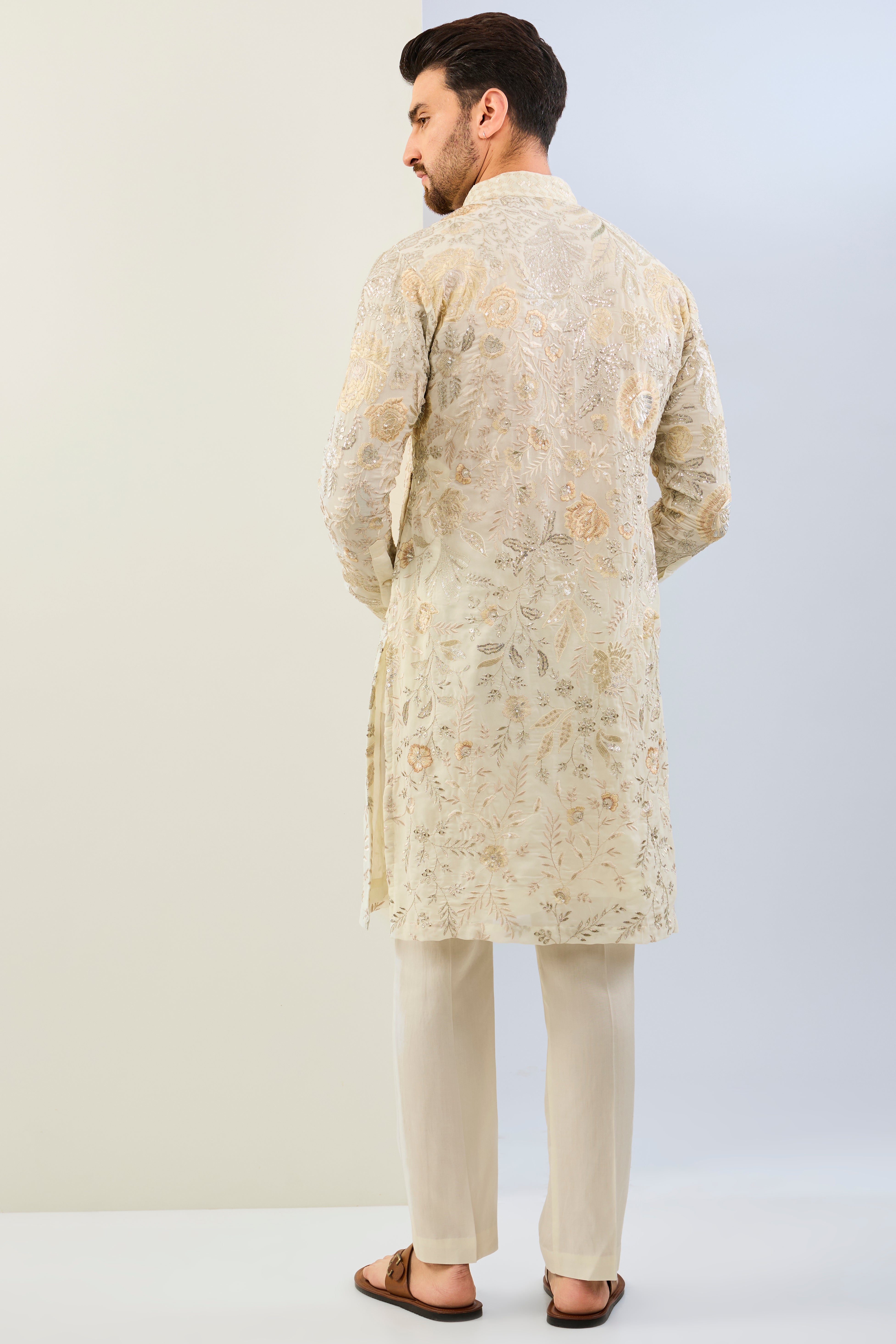 OFFWHITE GORGETTE LINED FULLY EMBOIDERED TONAL THREAD SEQUIN EMBOIDERED KURTA AND MATCHING COTTON SILK PANT