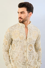 OFFWHITE GORGETTE LINED FULLY EMBOIDERED TONAL THREAD SEQUIN EMBOIDERED KURTA AND MATCHING COTTON SILK PANT