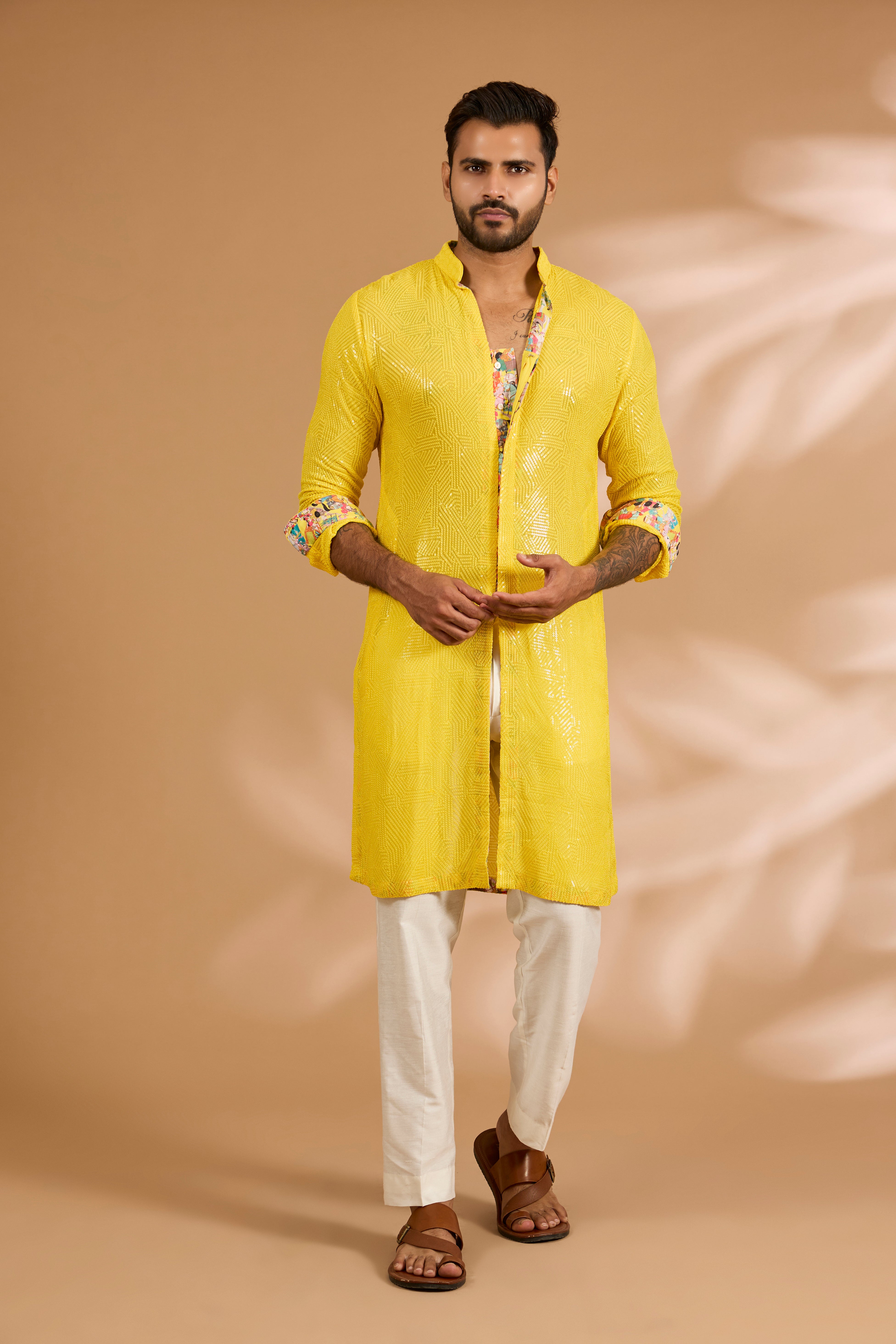 Yellow Front Open Georgette Sequin & Thread Jaal Kurta Set