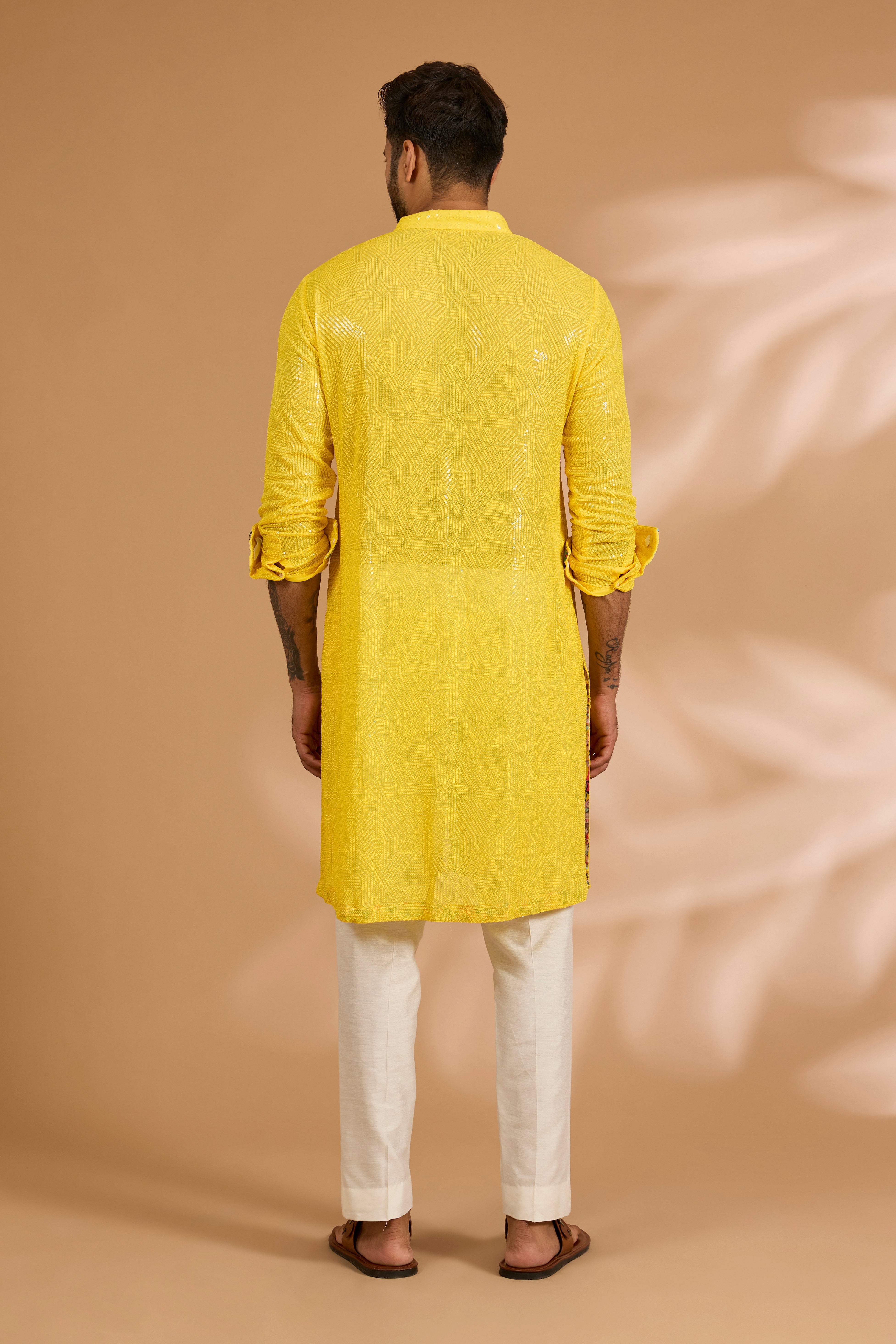 Yellow Front Open Georgette Sequin & Thread Jaal Kurta Set