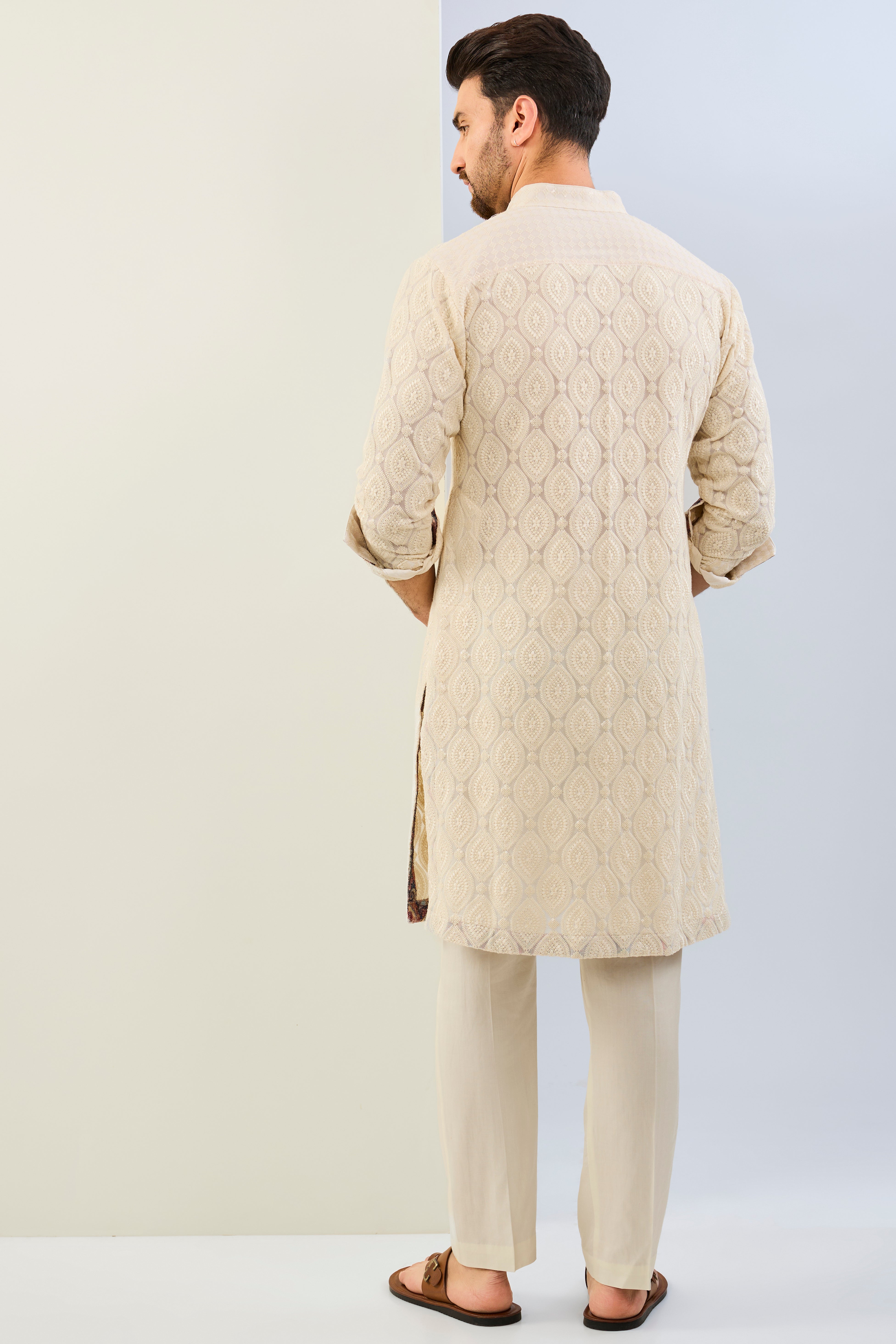 IVORY GORGETTE THREAD LEAF EMBOIDERED UNLIED KURTA WITH PRINT DETAILING AND MATCHING COTTON SILK PANT