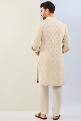 IVORY GORGETTE THREAD LEAF EMBOIDERED UNLIED KURTA WITH PRINT DETAILING AND MATCHING COTTON SILK PANT