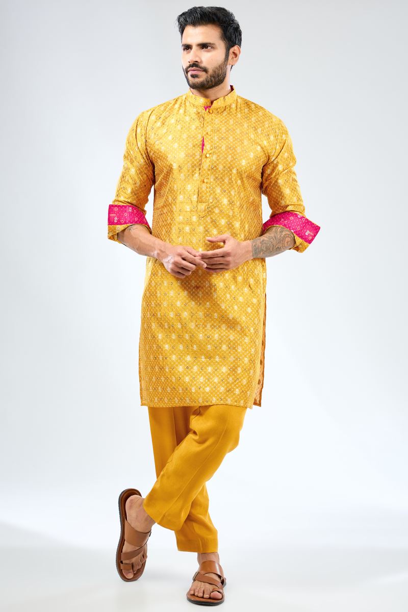 YELLOW ZARI BOOTI AND SEQUIN BANDHANI KURTA WITH RANI BANDHANI DETAILING AND COTTON SILK PANTS