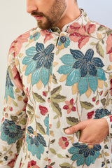 OFFWHITE GORGETTE LINED FULLY EMBOIDERED MULTI COLOR THREAD SEQUIN EMBOIDERED KURTA WITH BUNDI AND MATCHING COTTON SILK PANT