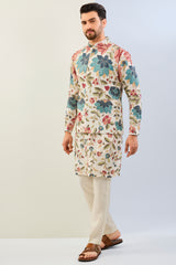 OFFWHITE GORGETTE LINED FULLY EMBOIDERED MULTI COLOR THREAD SEQUIN EMBOIDERED KURTA WITH BUNDI AND MATCHING COTTON SILK PANT