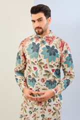 OFFWHITE GORGETTE LINED FULLY EMBOIDERED MULTI COLOR THREAD SEQUIN EMBOIDERED KURTA WITH BUNDI AND MATCHING COTTON SILK PANT