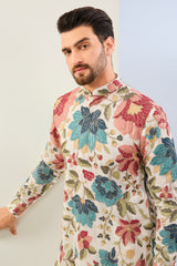 OFFWHITE GORGETTE LINED FULLY EMBOIDERED MULTI COLOR THREAD SEQUIN EMBOIDERED KURTA WITH MATCHING COTTON SILK PANT