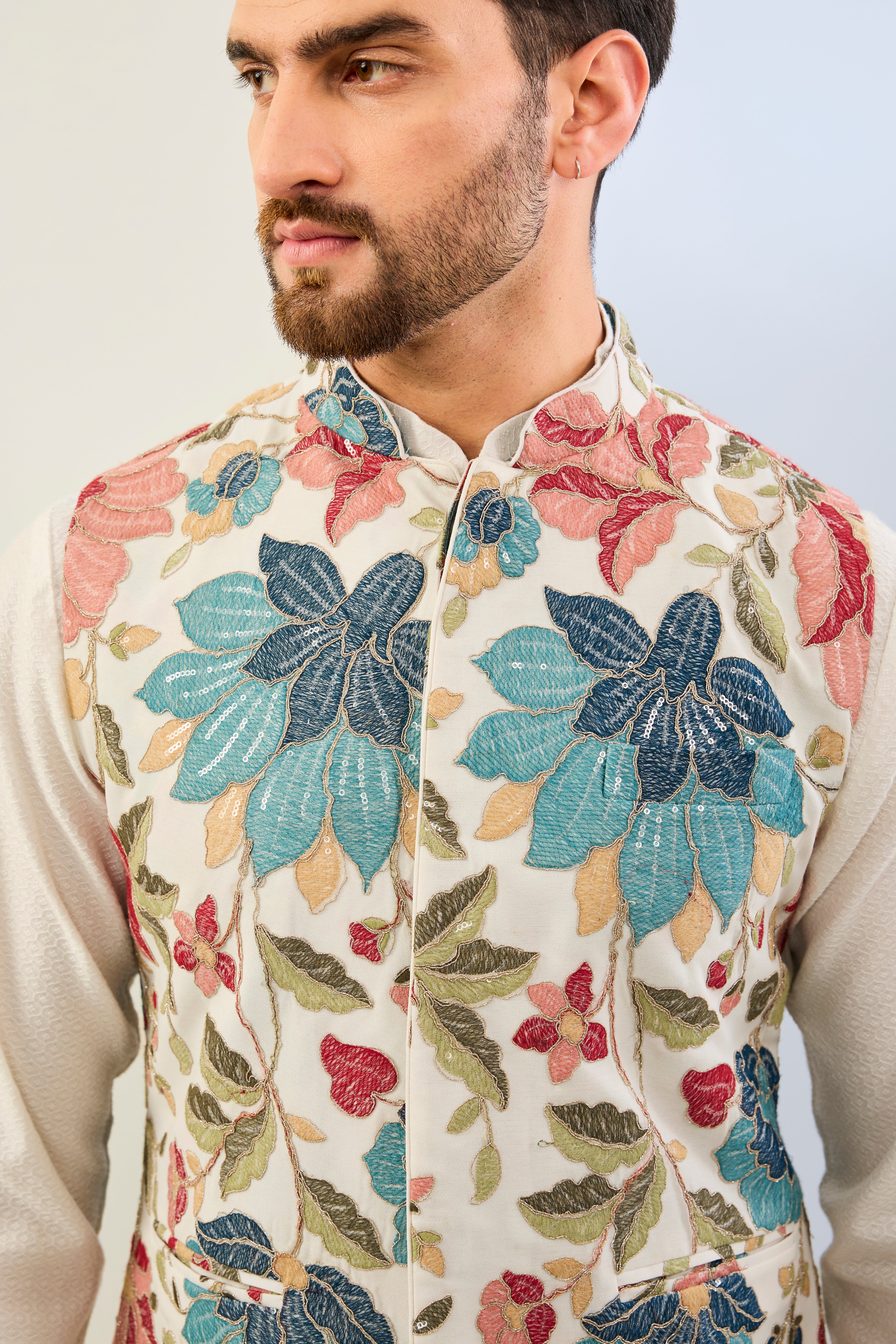 OFFWHITE GORGETTE LINED FULLY EMBOIDERED MULTI COLOR THREAD SEQUIN EMBOIDERED BUNDI WITH SILK KURTA AND MATCHING COTTON SILK PANT