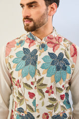 OFFWHITE GORGETTE LINED FULLY EMBOIDERED MULTI COLOR THREAD SEQUIN EMBOIDERED BUNDI WITH SILK KURTA AND MATCHING COTTON SILK PANT