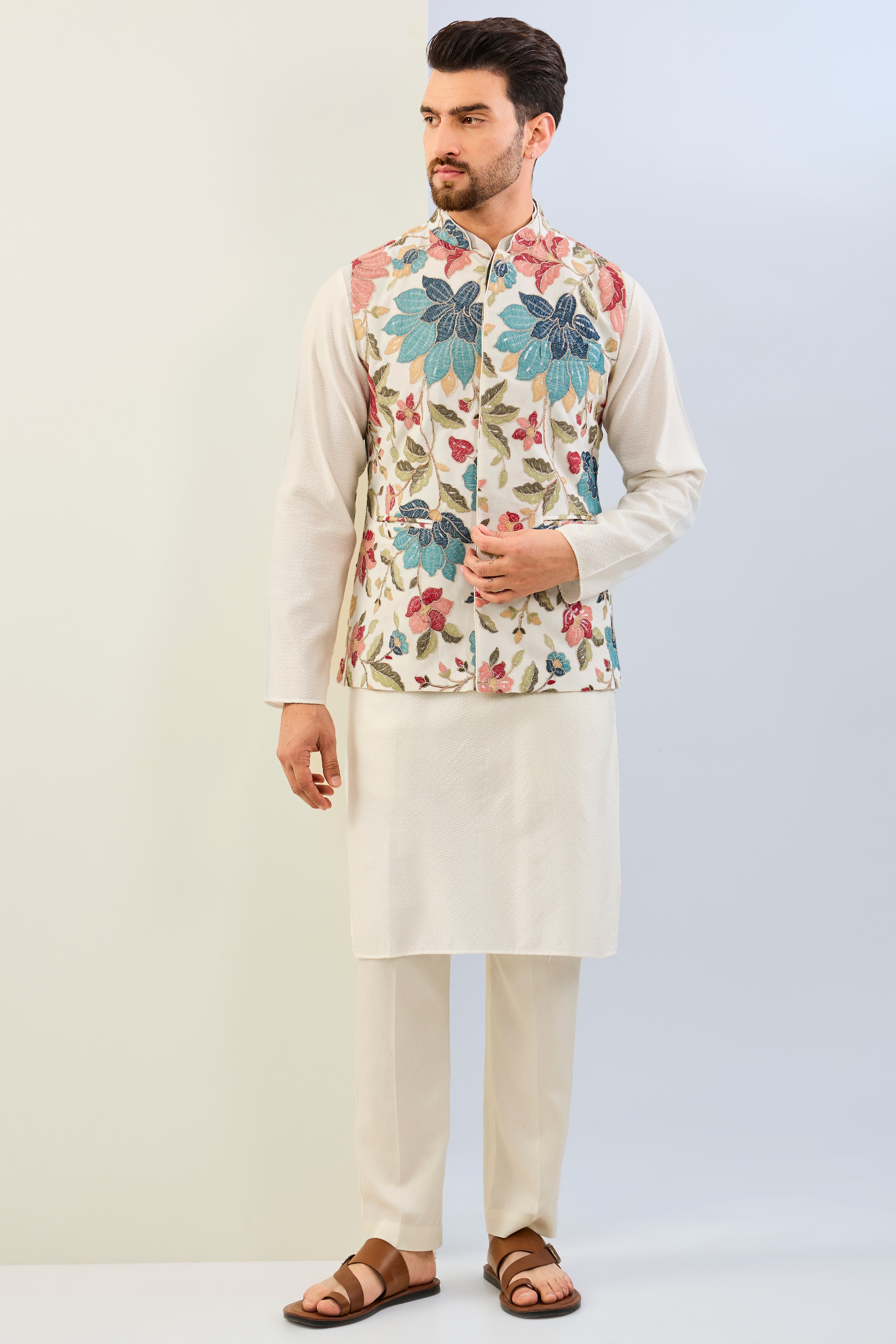 OFFWHITE GORGETTE LINED FULLY EMBOIDERED MULTI COLOR THREAD SEQUIN EMBOIDERED BUNDI WITH SILK KURTA AND MATCHING COTTON SILK PANT