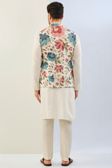 OFFWHITE GORGETTE LINED FULLY EMBOIDERED MULTI COLOR THREAD SEQUIN EMBOIDERED BUNDI WITH SILK KURTA AND MATCHING COTTON SILK PANT