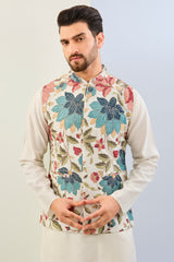 OFFWHITE GORGETTE LINED FULLY EMBOIDERED MULTI COLOR THREAD SEQUIN EMBOIDERED BUNDI WITH SILK KURTA AND MATCHING COTTON SILK PANT