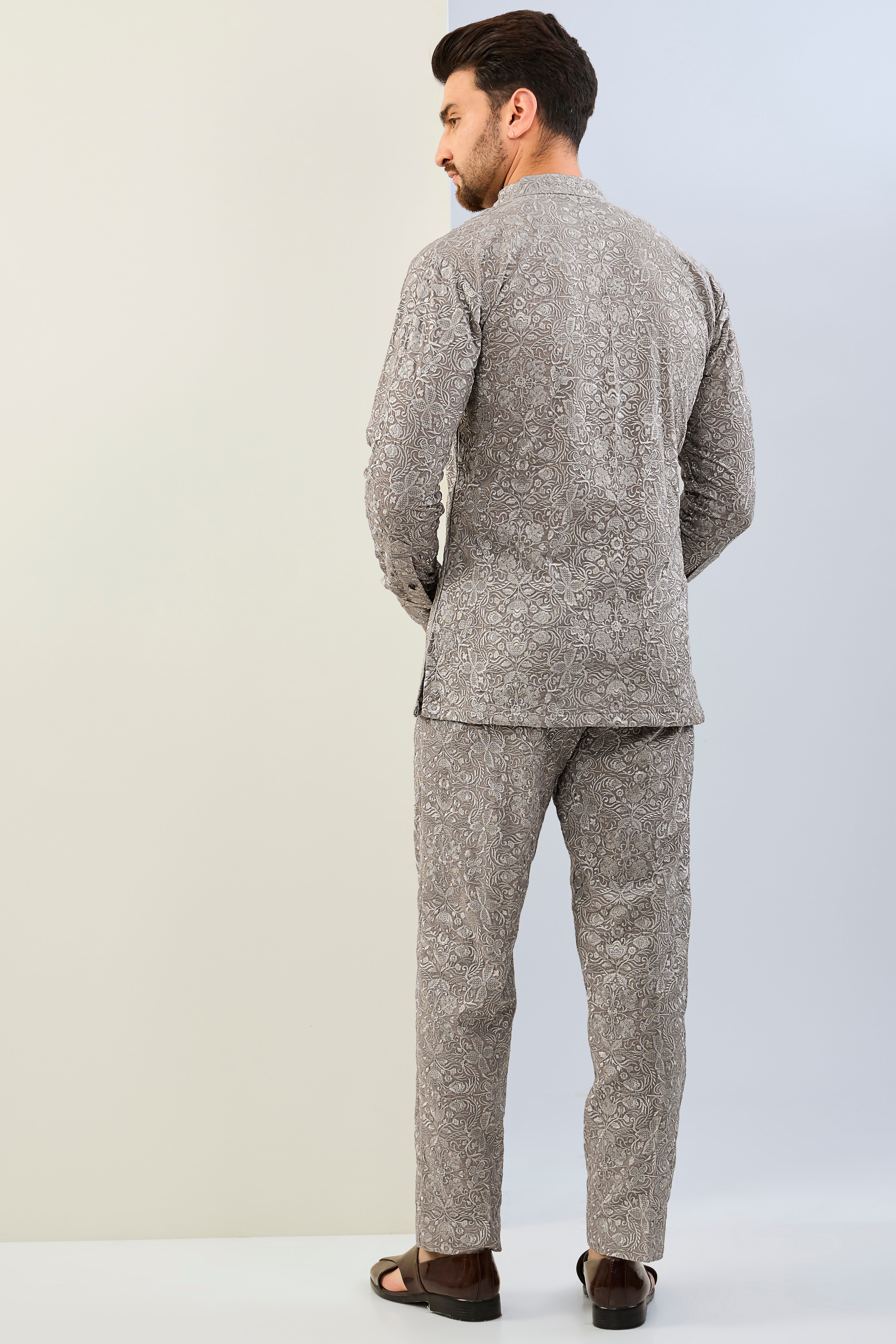 GREY GOREGTTE THREAD EMBOIDERED SHIRT AND PAJAMA