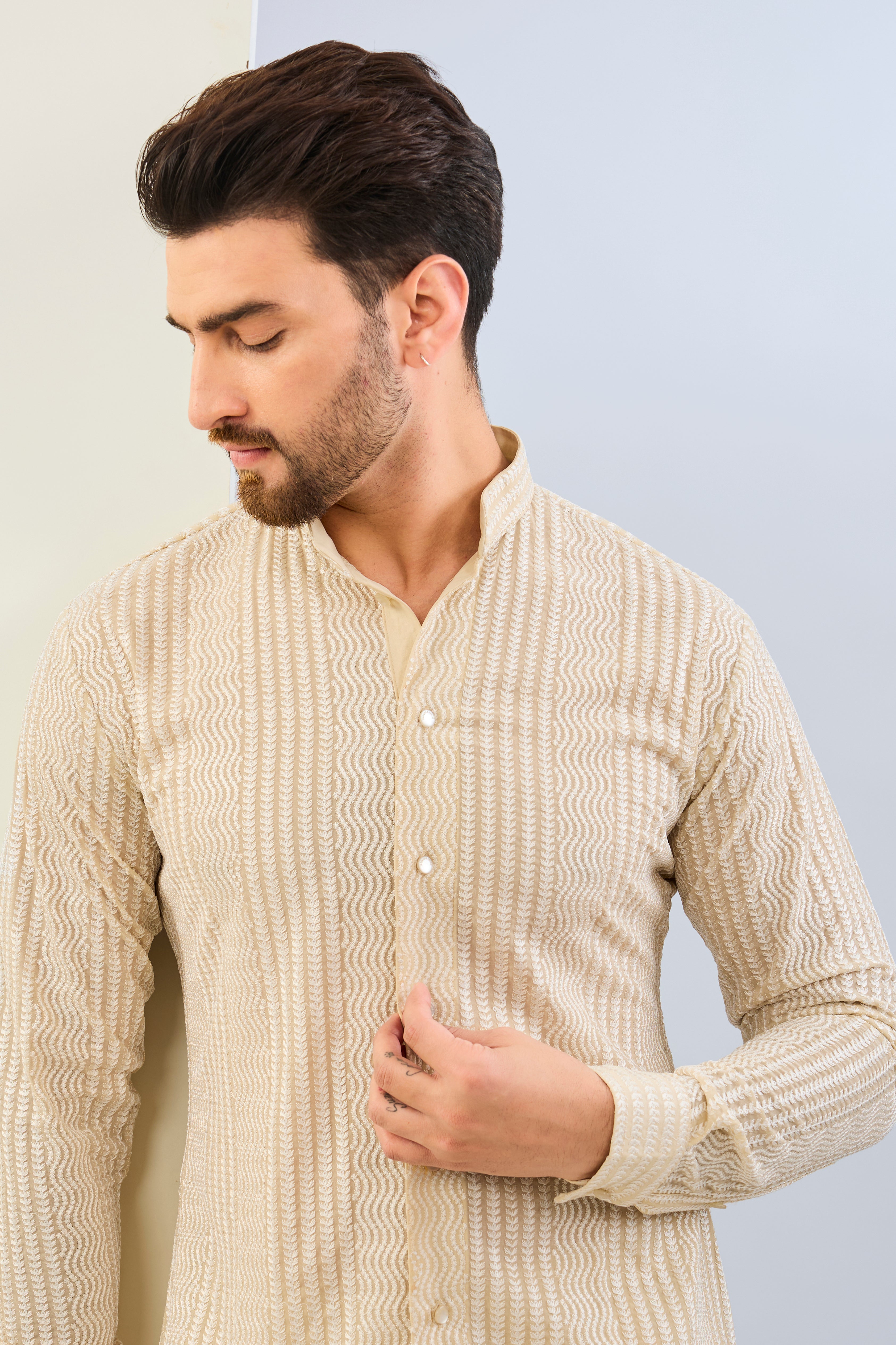 CREAM GOREGTTE THREAD SEQUIN LINES EMBOIDERED SHIRT AND PAJAMA