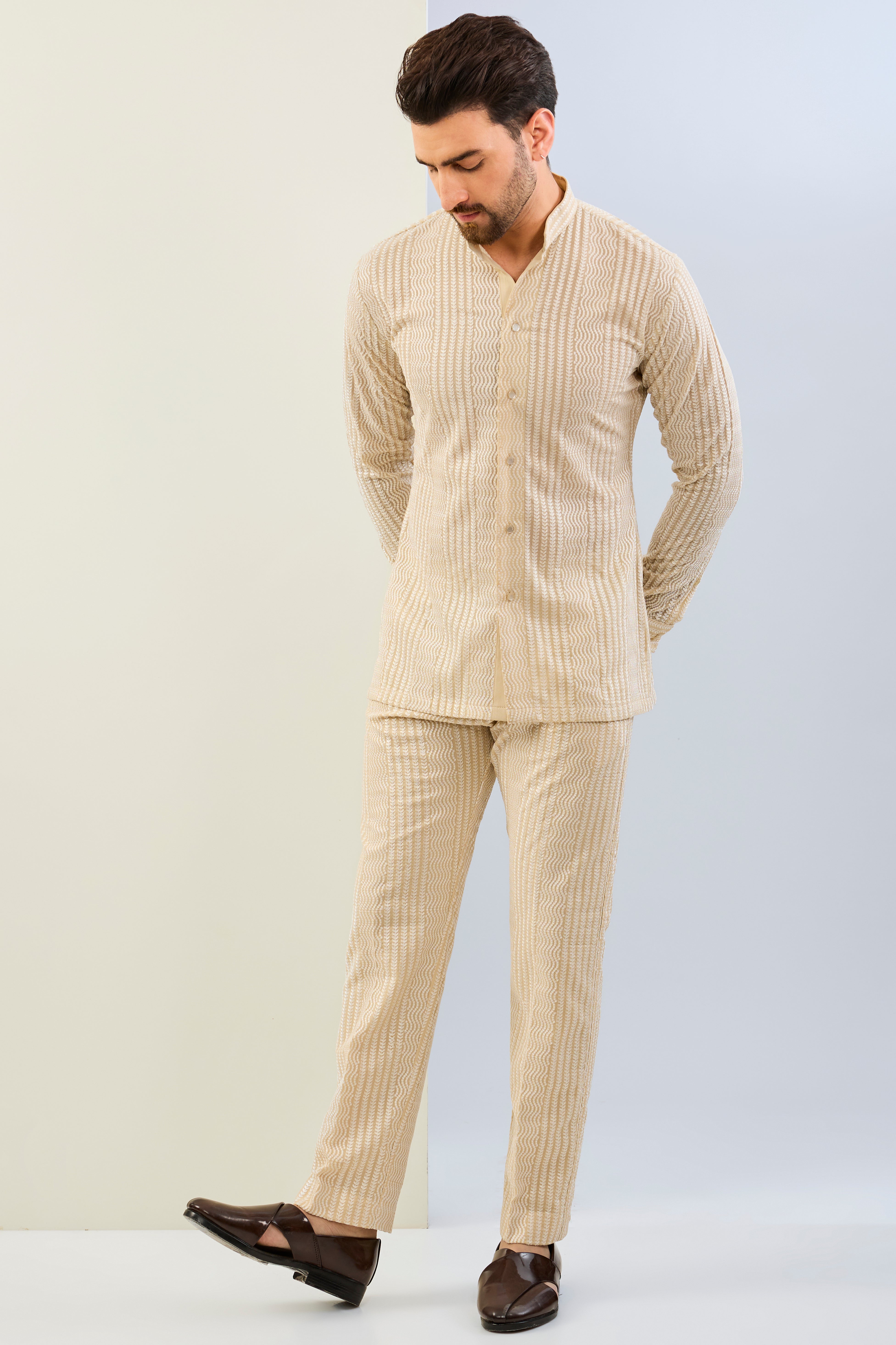 CREAM GOREGTTE THREAD SEQUIN LINES EMBOIDERED SHIRT AND PAJAMA