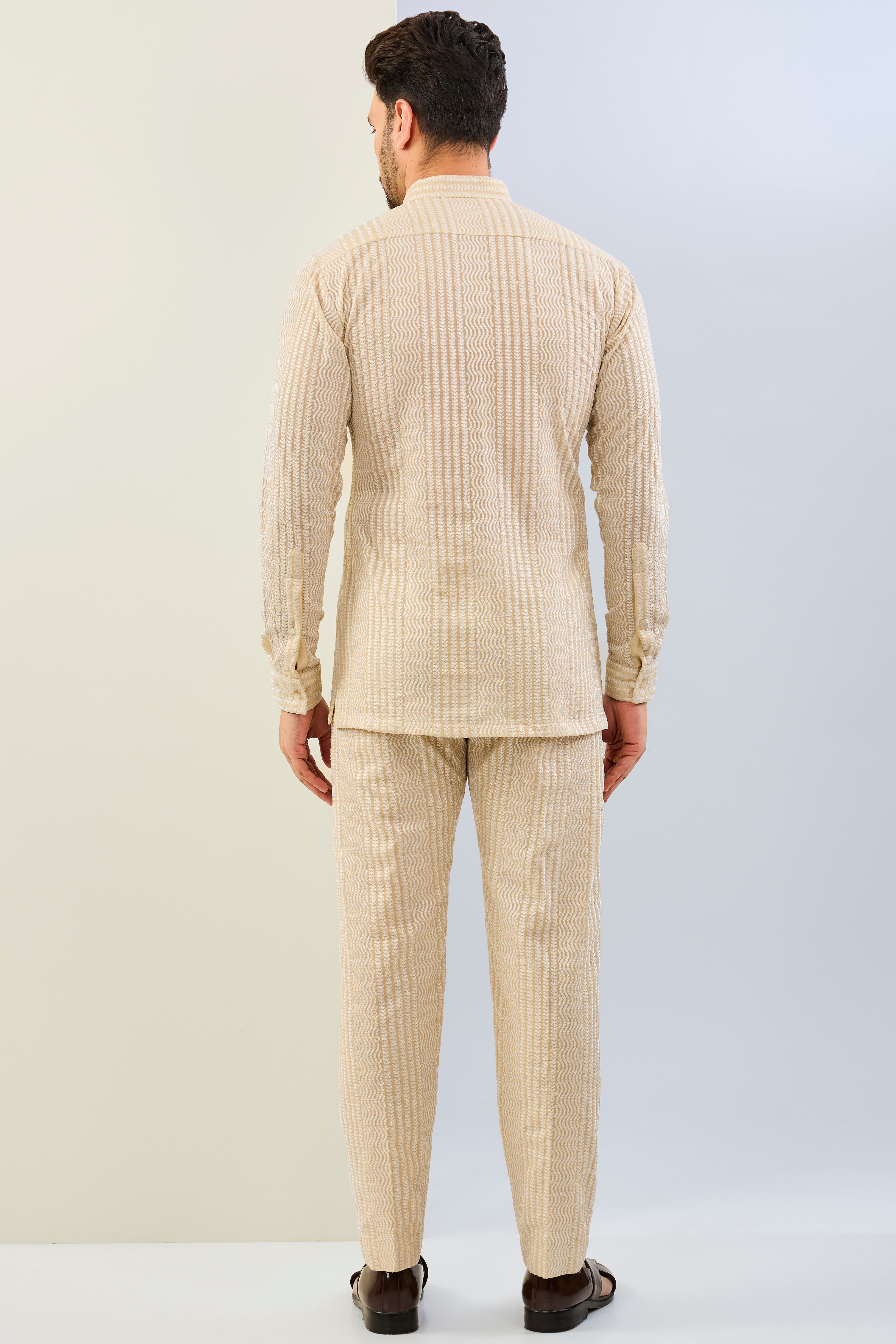 CREAM GOREGTTE THREAD SEQUIN LINES EMBOIDERED SHIRT AND PAJAMA