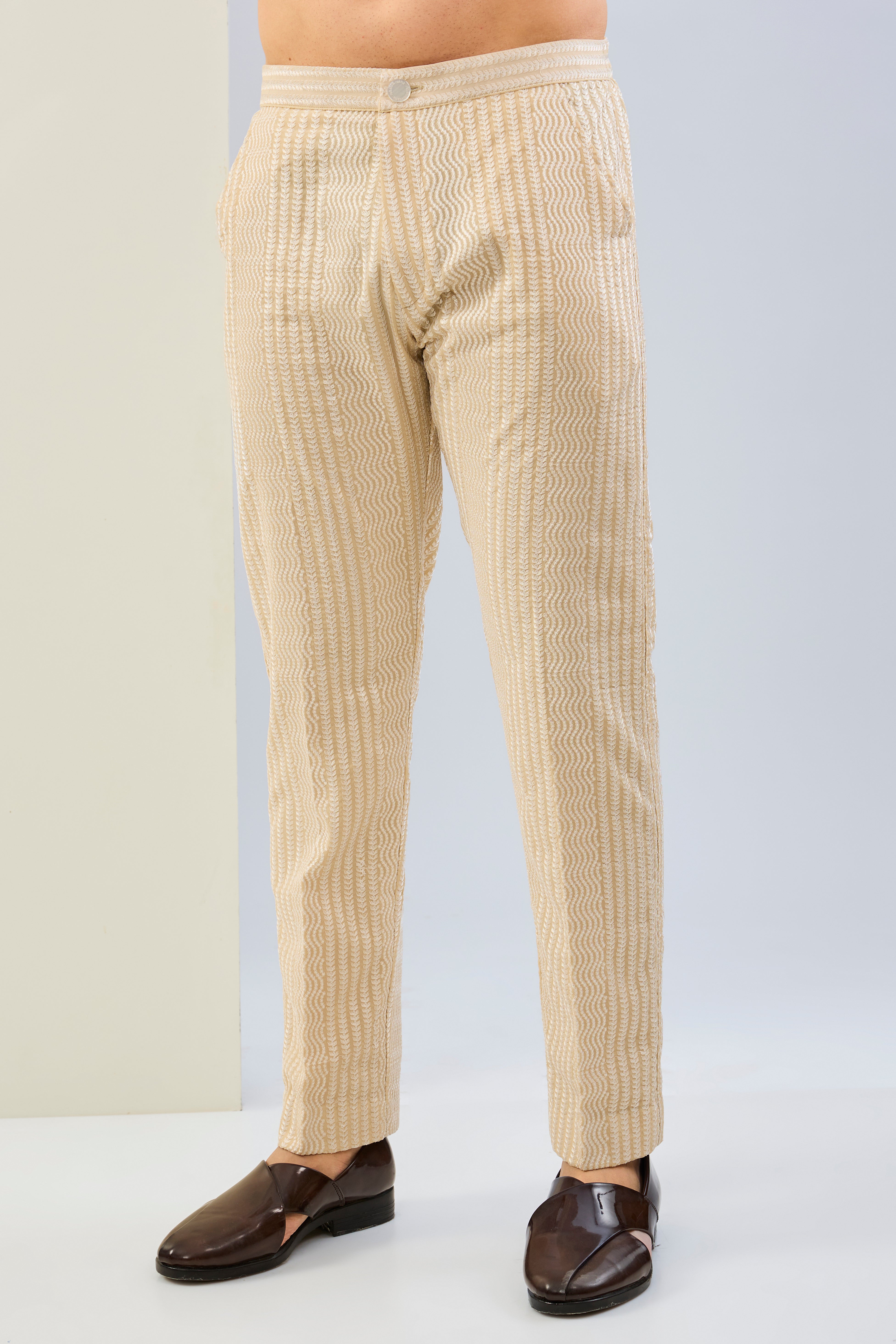 CREAM GOREGTTE THREAD SEQUIN LINES EMBOIDERED SHIRT AND PAJAMA