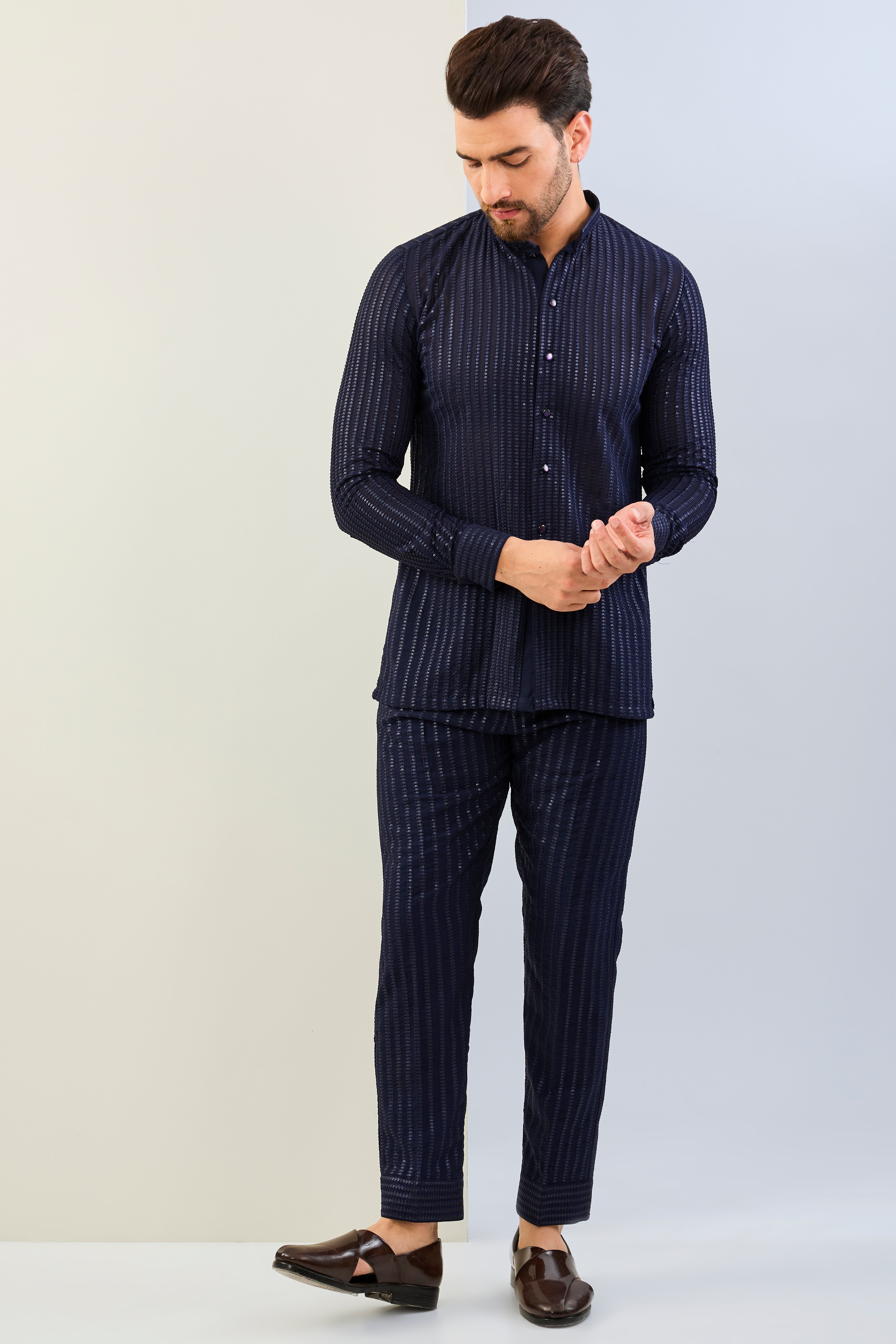 BLUE GOREGTTE THREAD SEQUIN LINES EMBOIDERED SHIRT AND PAJAMA