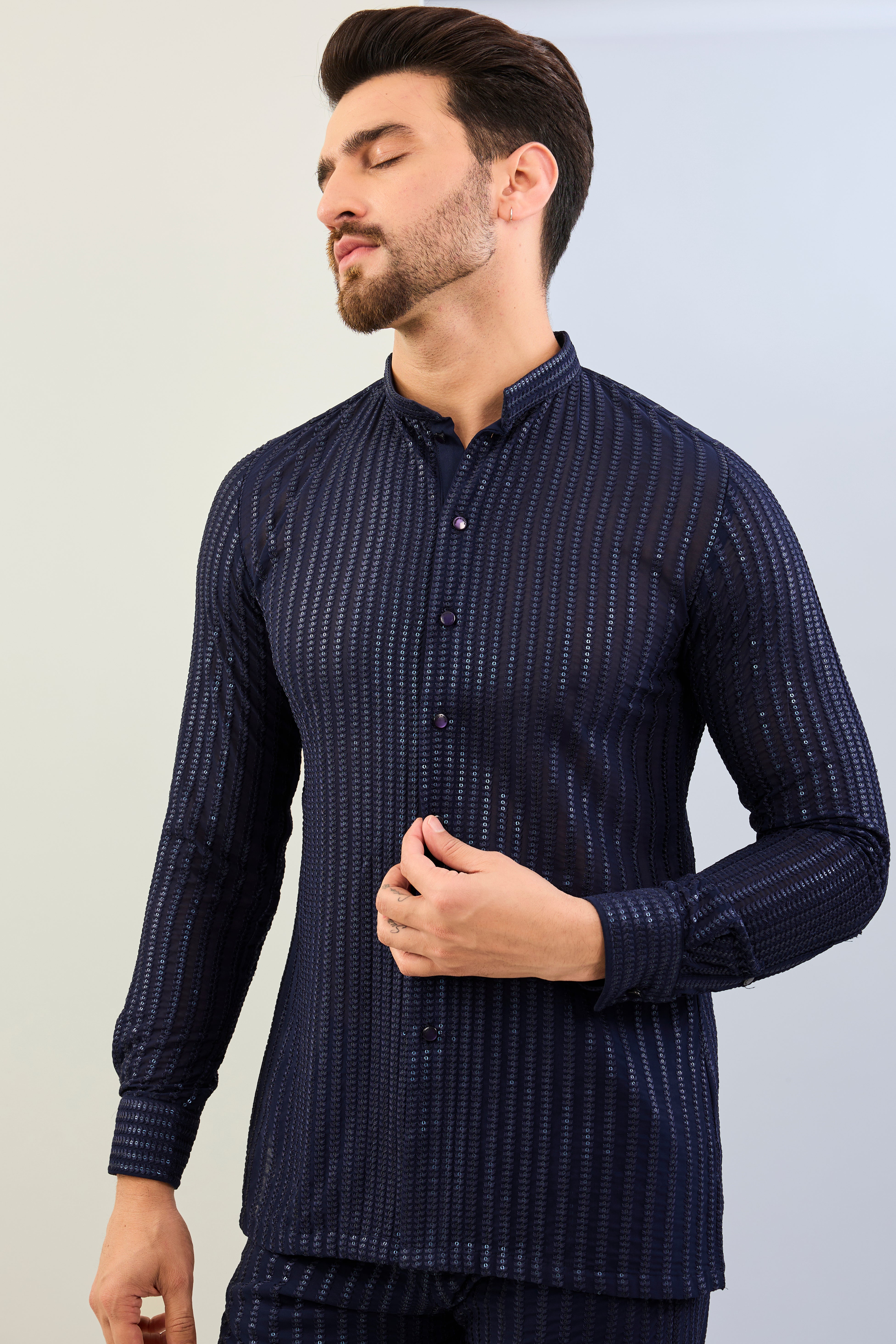 BLUE GOREGTTE THREAD SEQUIN LINES EMBOIDERED SHIRT AND PAJAMA