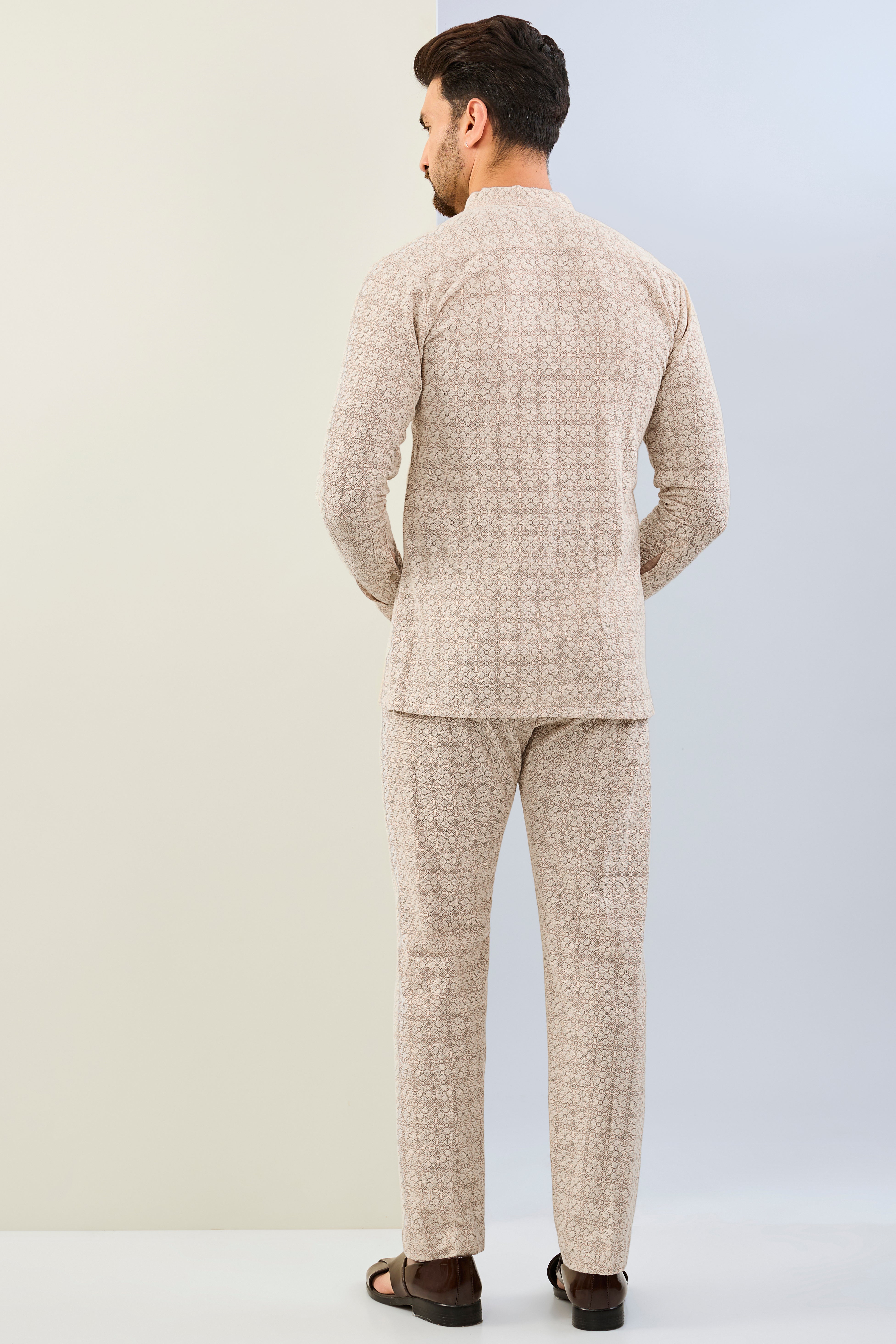 CREAM GOREGTTE THREAD EMBOIDERED SHIRT AND PAJAMA