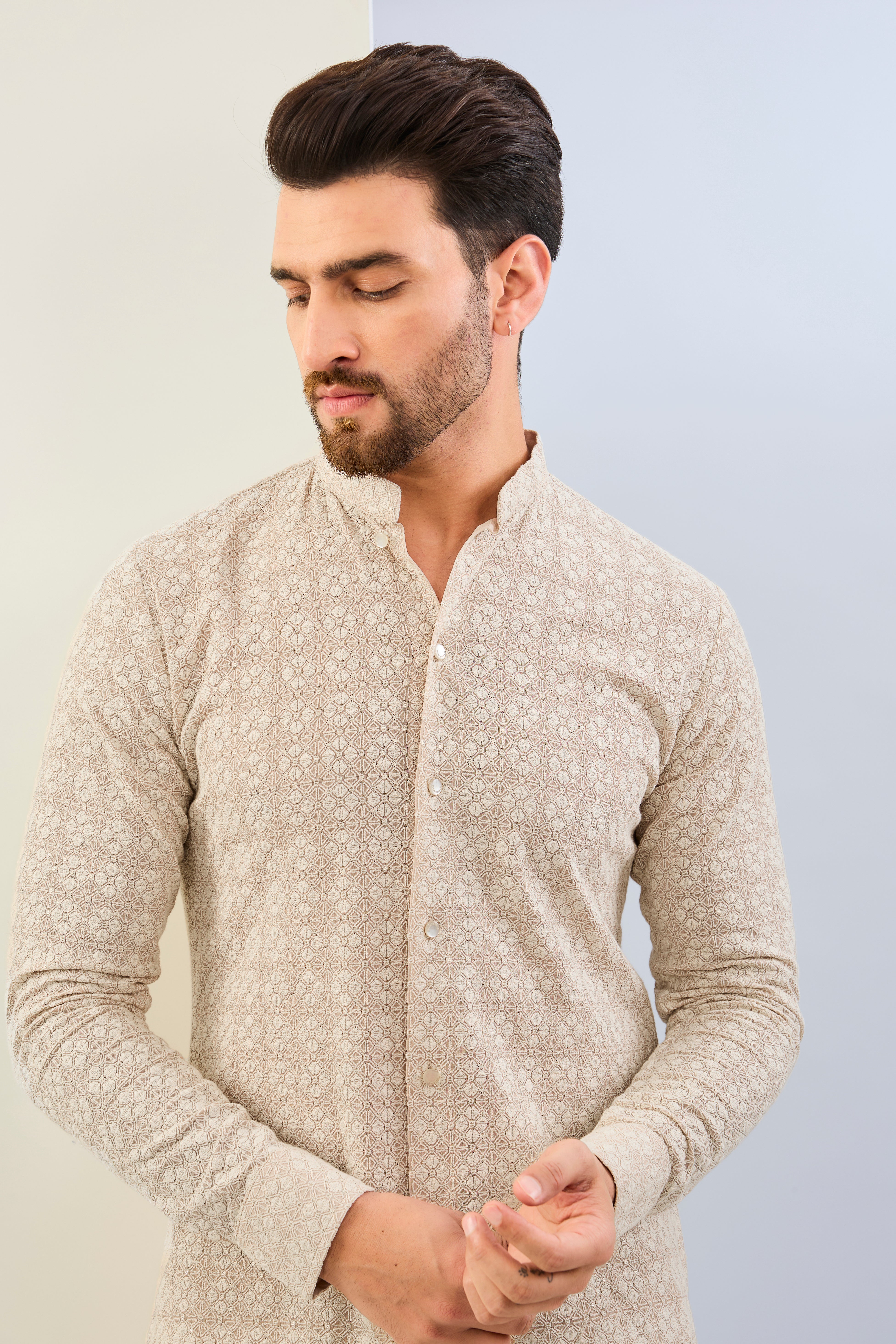 CREAM GOREGTTE THREAD EMBOIDERED SHIRT AND PAJAMA
