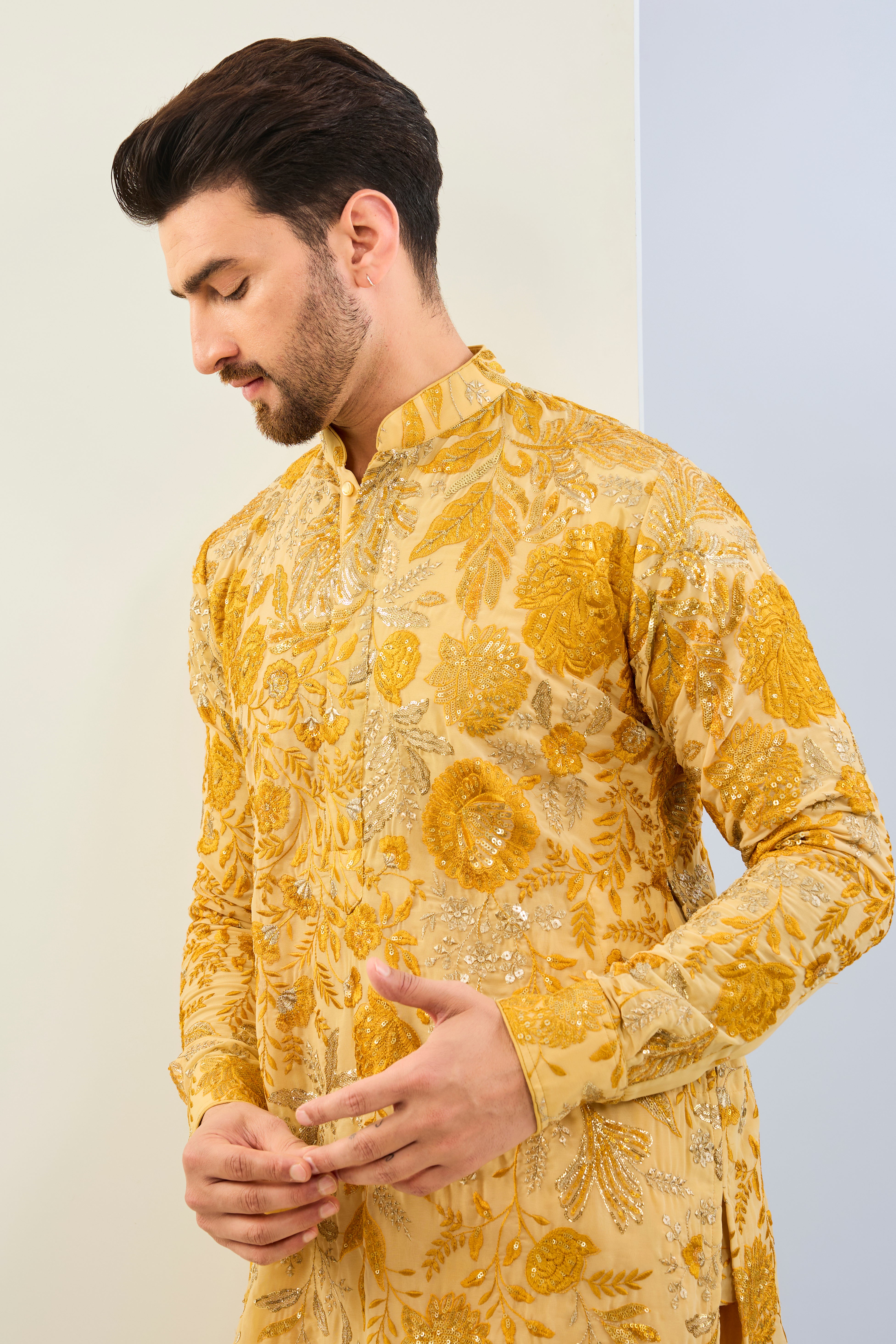 HALDI YELLOW GORGETTE LINED FULLY EMBOIDERED MULTI COLOR THREAD SEQUIN EMBOIDERED KURTA AND MATCHING COTTON SILK PANT
