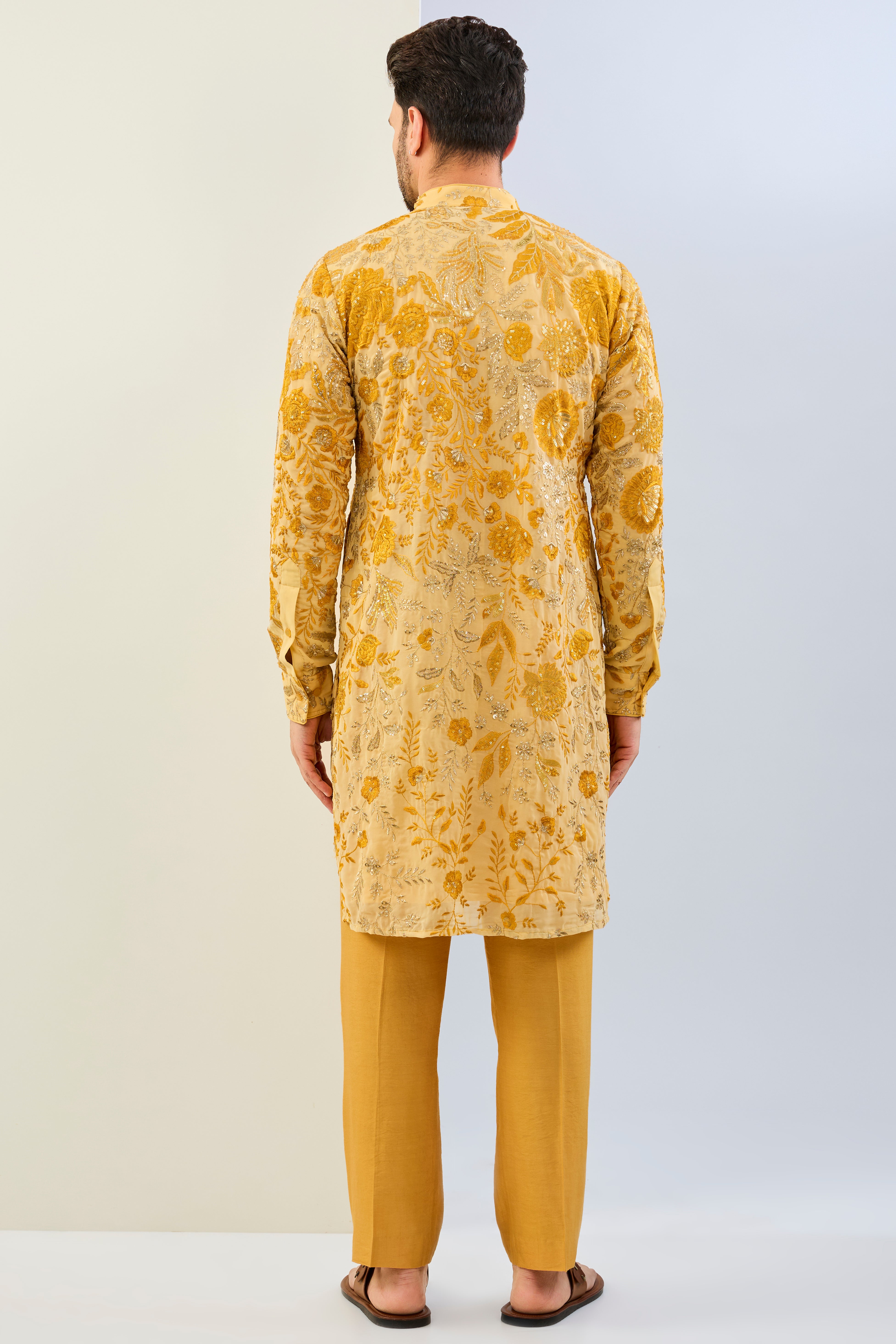 HALDI YELLOW GORGETTE LINED FULLY EMBOIDERED MULTI COLOR THREAD SEQUIN EMBOIDERED KURTA AND MATCHING COTTON SILK PANT