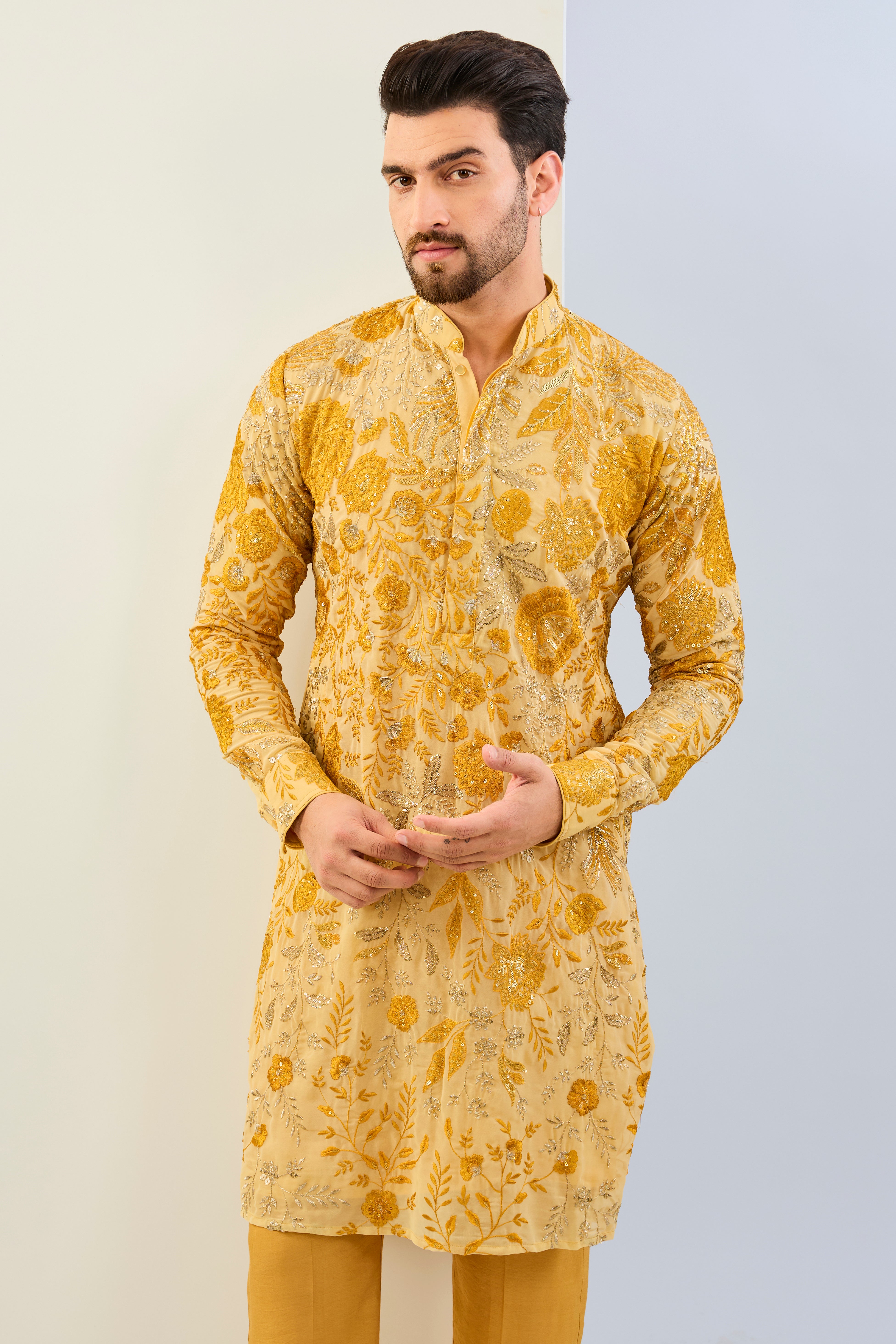 HALDI YELLOW GORGETTE LINED FULLY EMBOIDERED MULTI COLOR THREAD SEQUIN EMBOIDERED KURTA AND MATCHING COTTON SILK PANT