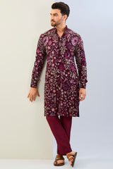 OX BLOOD GORGETTE LINED FULLY EMBOIDERED MULTI COLOR THREAD SEQUIN EMBOIDERED KURTA AND MATCHING COTTON SILK PANT