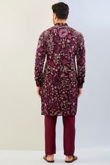 OX BLOOD GORGETTE LINED FULLY EMBOIDERED MULTI COLOR THREAD SEQUIN EMBOIDERED KURTA AND MATCHING COTTON SILK PANT