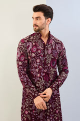 OX BLOOD GORGETTE LINED FULLY EMBOIDERED MULTI COLOR THREAD SEQUIN EMBOIDERED KURTA AND MATCHING COTTON SILK PANT