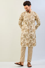 CREAM DUPION SILK WITH MULTI COLOR SILK THREAD ROSES SEQUIN LINED KURTA WITH SAME BASE COLOR COTTON SILK PANT
