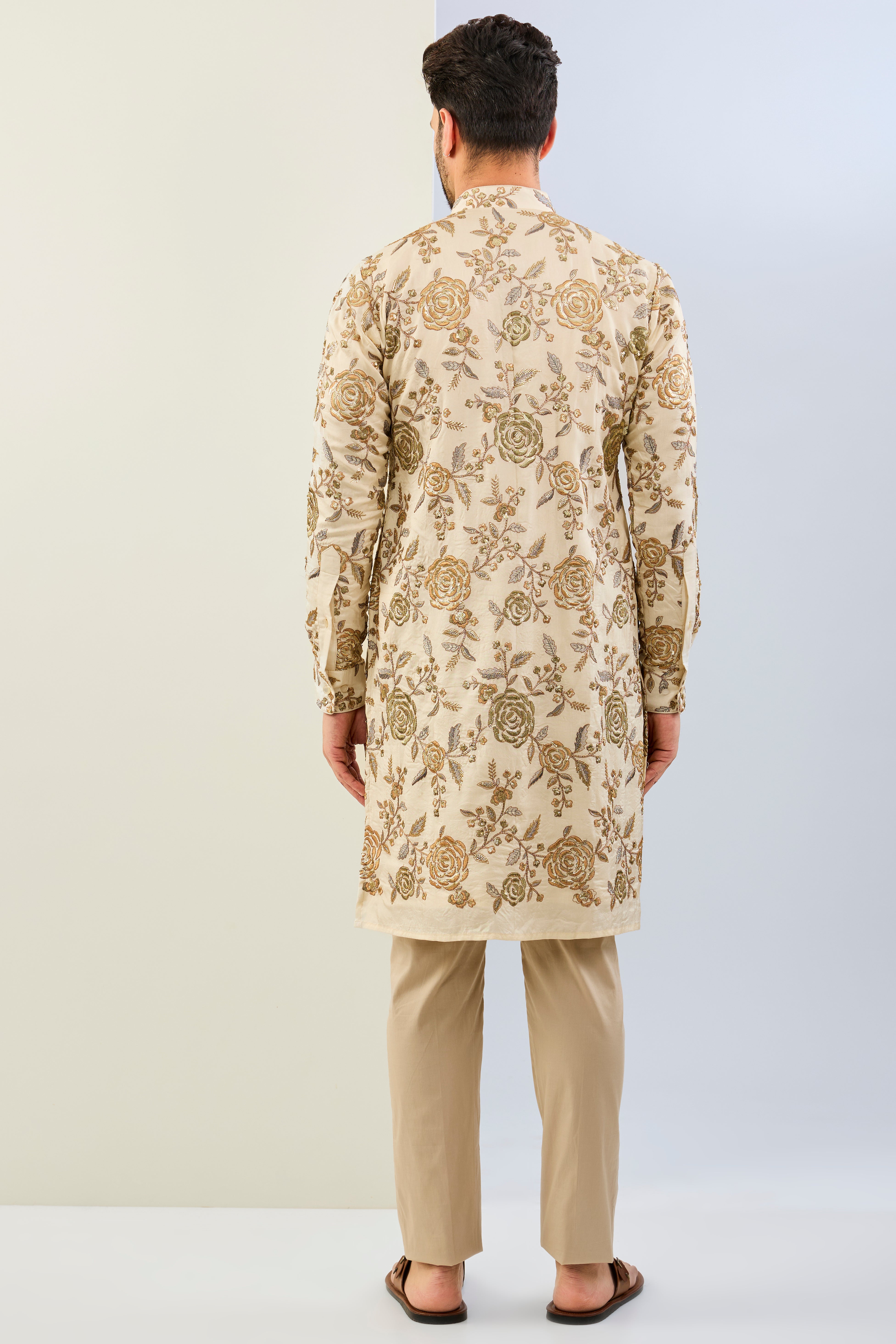 CREAM DUPION SILK WITH MULTI COLOR SILK THREAD ROSES SEQUIN LINED KURTA WITH SAME BASE COLOR COTTON SILK PANT