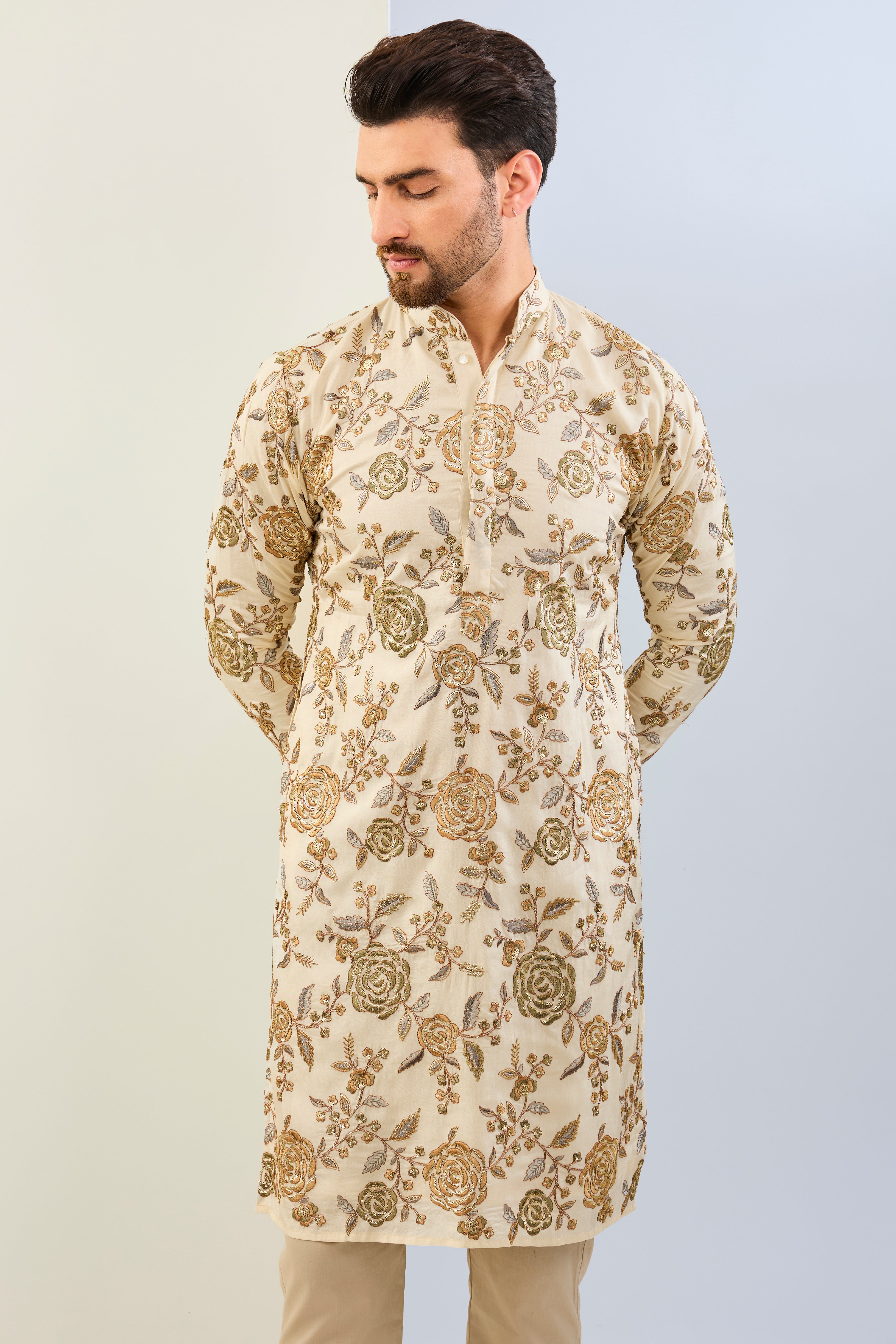 CREAM DUPION SILK WITH MULTI COLOR SILK THREAD ROSES SEQUIN LINED KURTA WITH SAME BASE COLOR COTTON SILK PANT