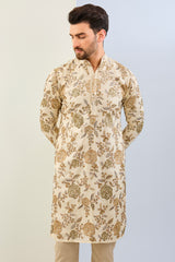 CREAM DUPION SILK WITH MULTI COLOR SILK THREAD ROSES SEQUIN LINED KURTA WITH SAME BASE COLOR COTTON SILK PANT