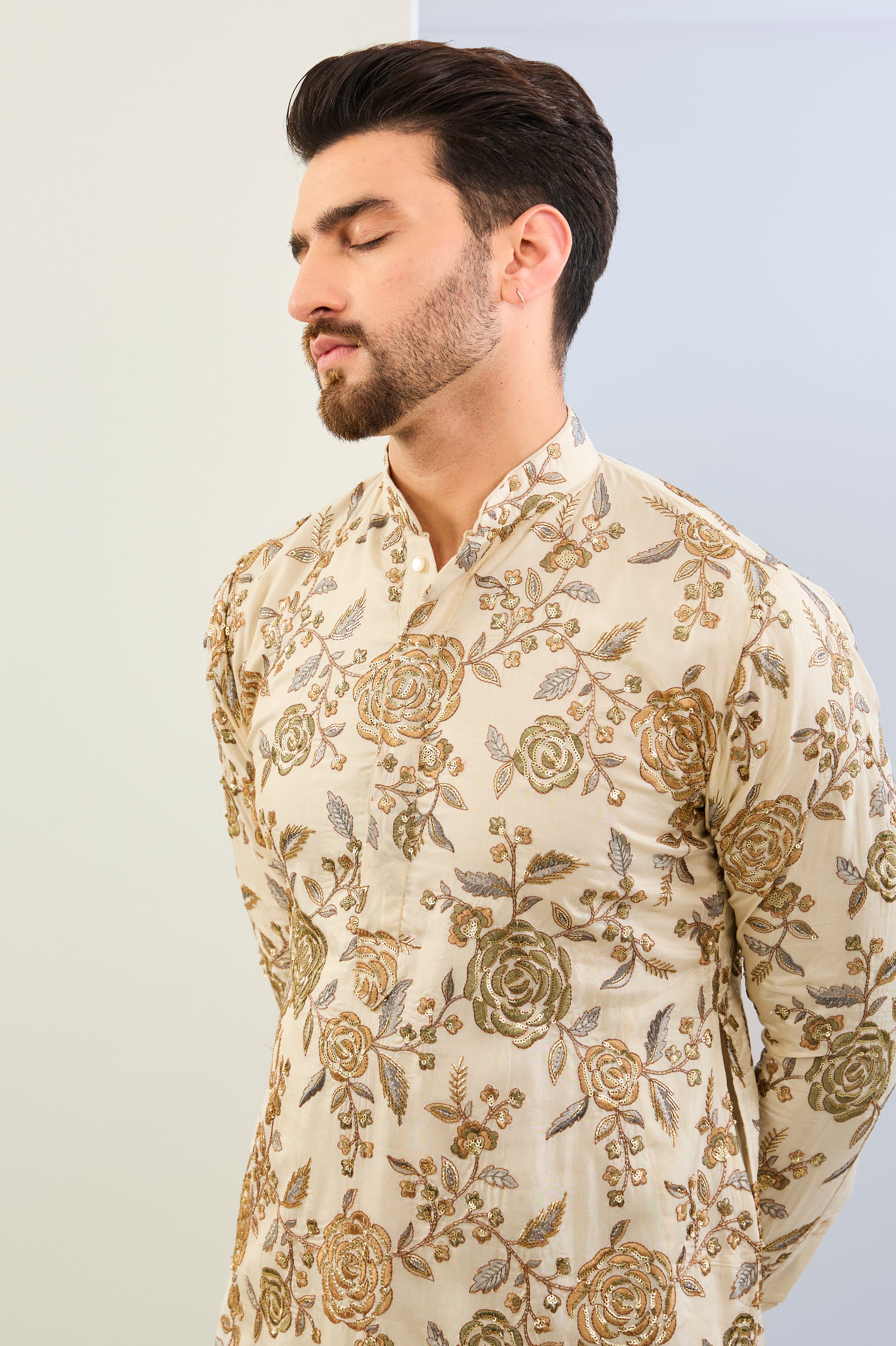 CREAM DUPION SILK WITH MULTI COLOR SILK THREAD ROSES SEQUIN LINED KURTA WITH SAME BASE COLOR COTTON SILK PANT