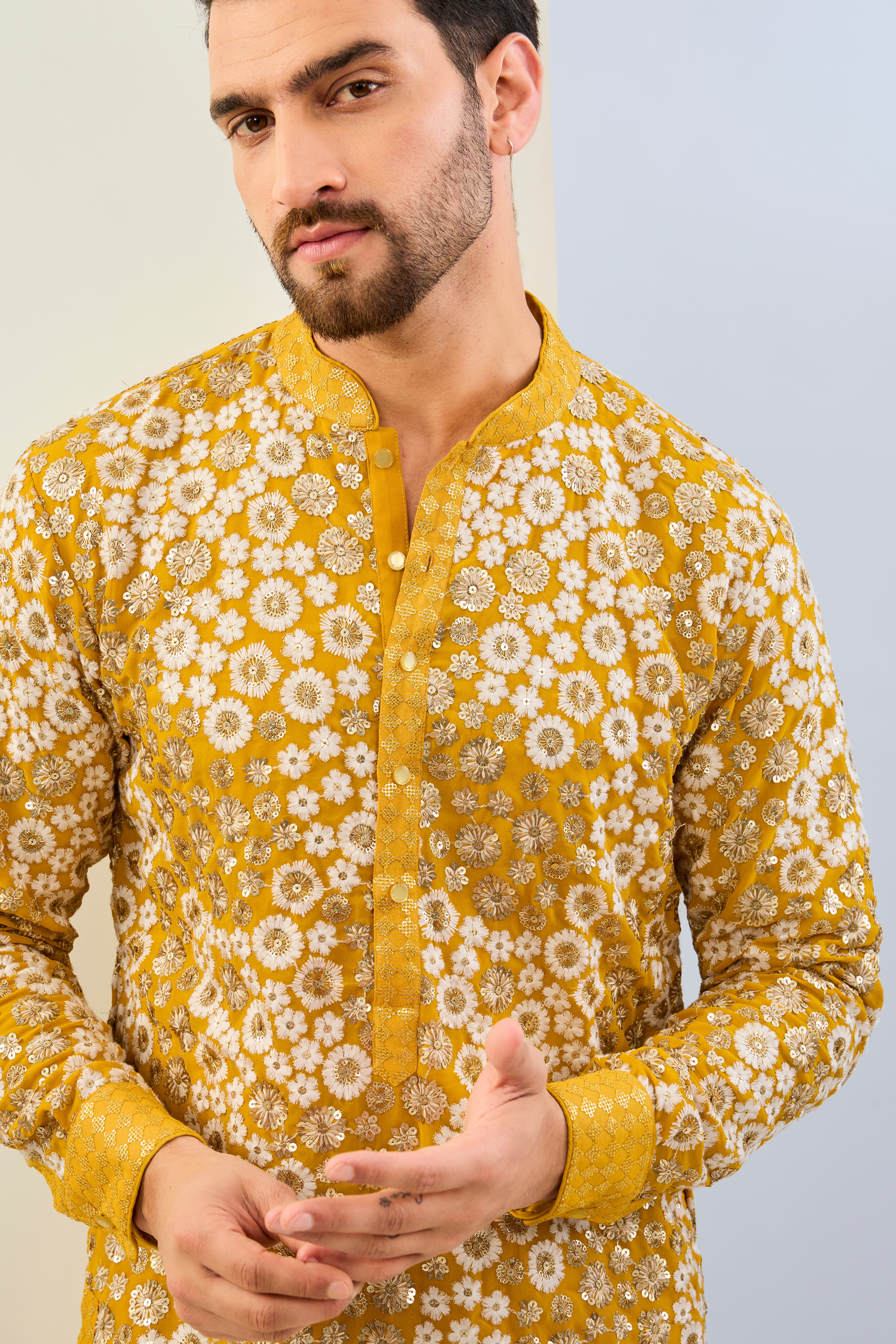 HALDI YELLOW GORGETTE WITH THREAD SEQUIN WORK LINED KURTA WITH SEQUIN CUFF, COLLAR, PLACKET AND MATCHING COTTON SILK PANT