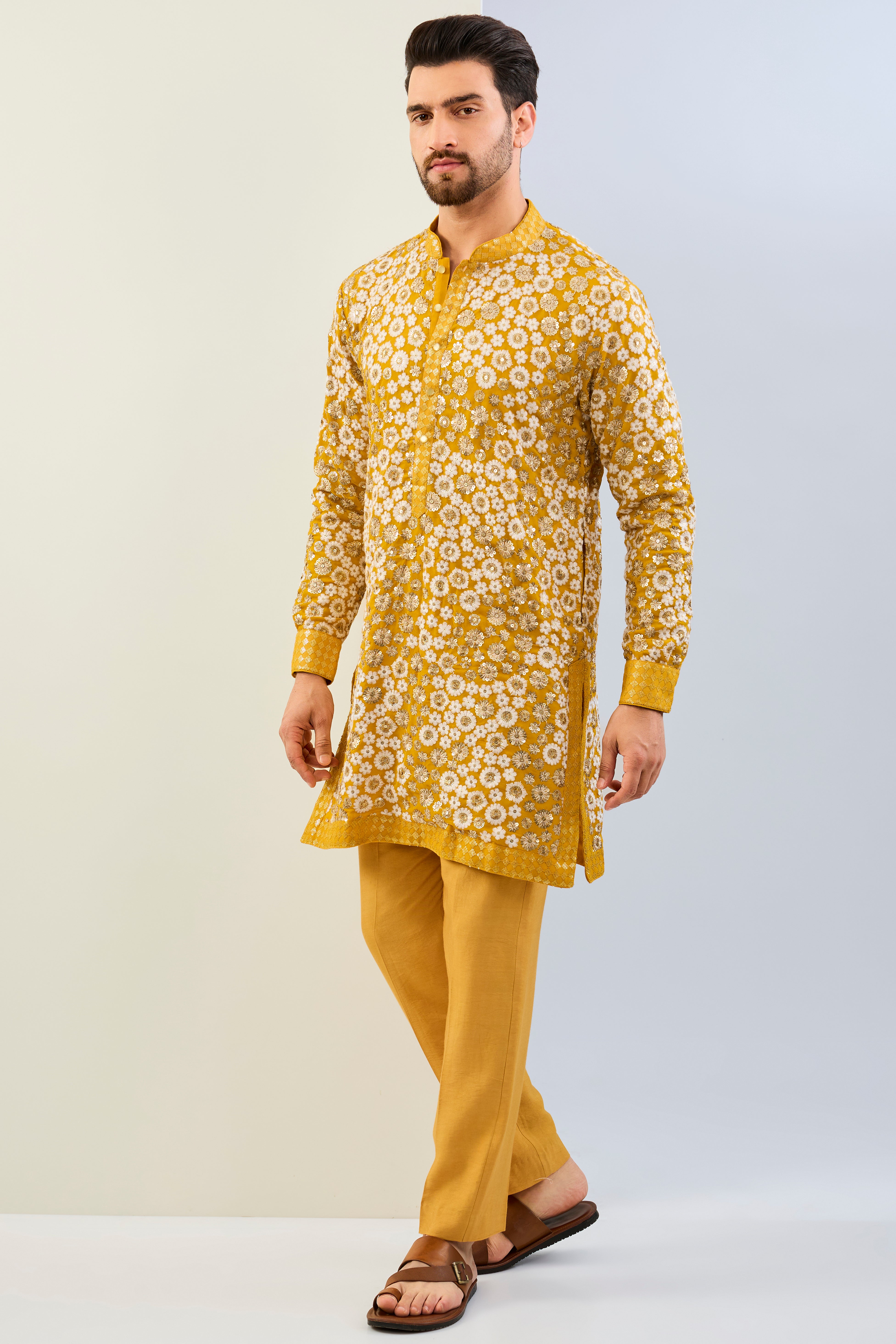HALDI YELLOW GORGETTE WITH THREAD SEQUIN WORK LINED KURTA WITH SEQUIN CUFF, COLLAR, PLACKET AND MATCHING COTTON SILK PANT