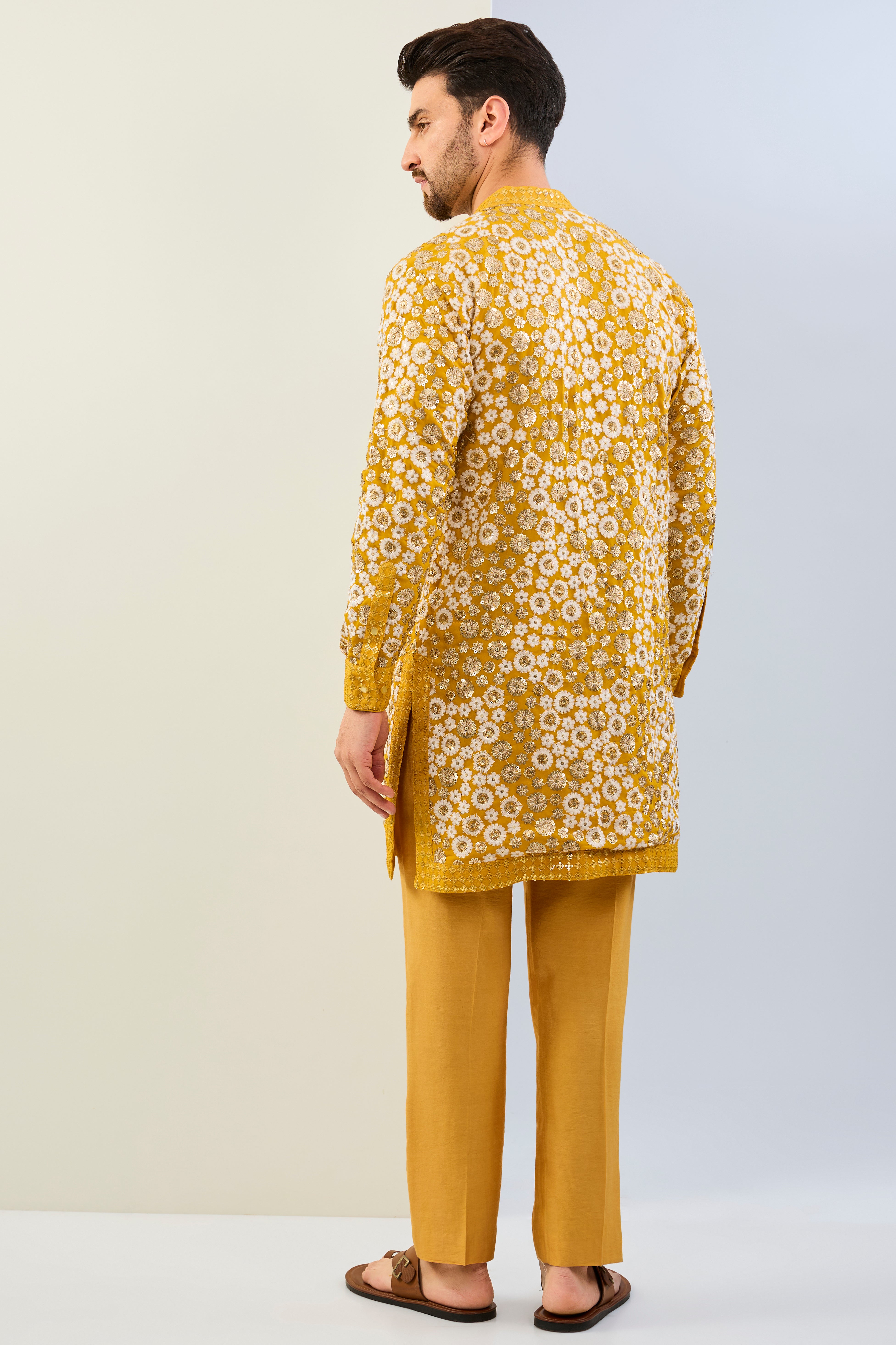 HALDI YELLOW GORGETTE WITH THREAD SEQUIN WORK LINED KURTA WITH SEQUIN CUFF, COLLAR, PLACKET AND MATCHING COTTON SILK PANT