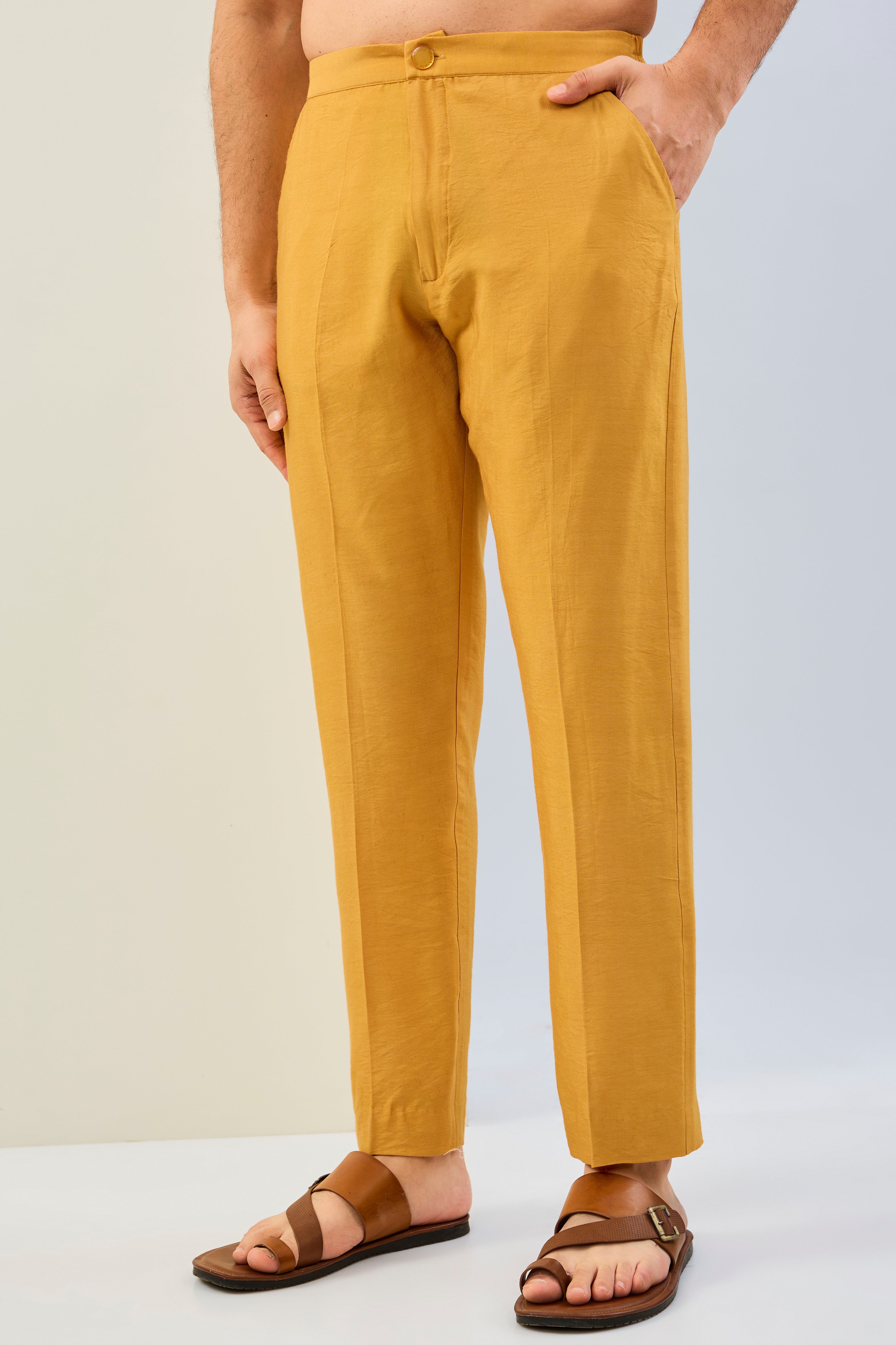 HALDI YELLOW GORGETTE WITH THREAD SEQUIN WORK LINED KURTA WITH SEQUIN CUFF, COLLAR, PLACKET AND MATCHING COTTON SILK PANT