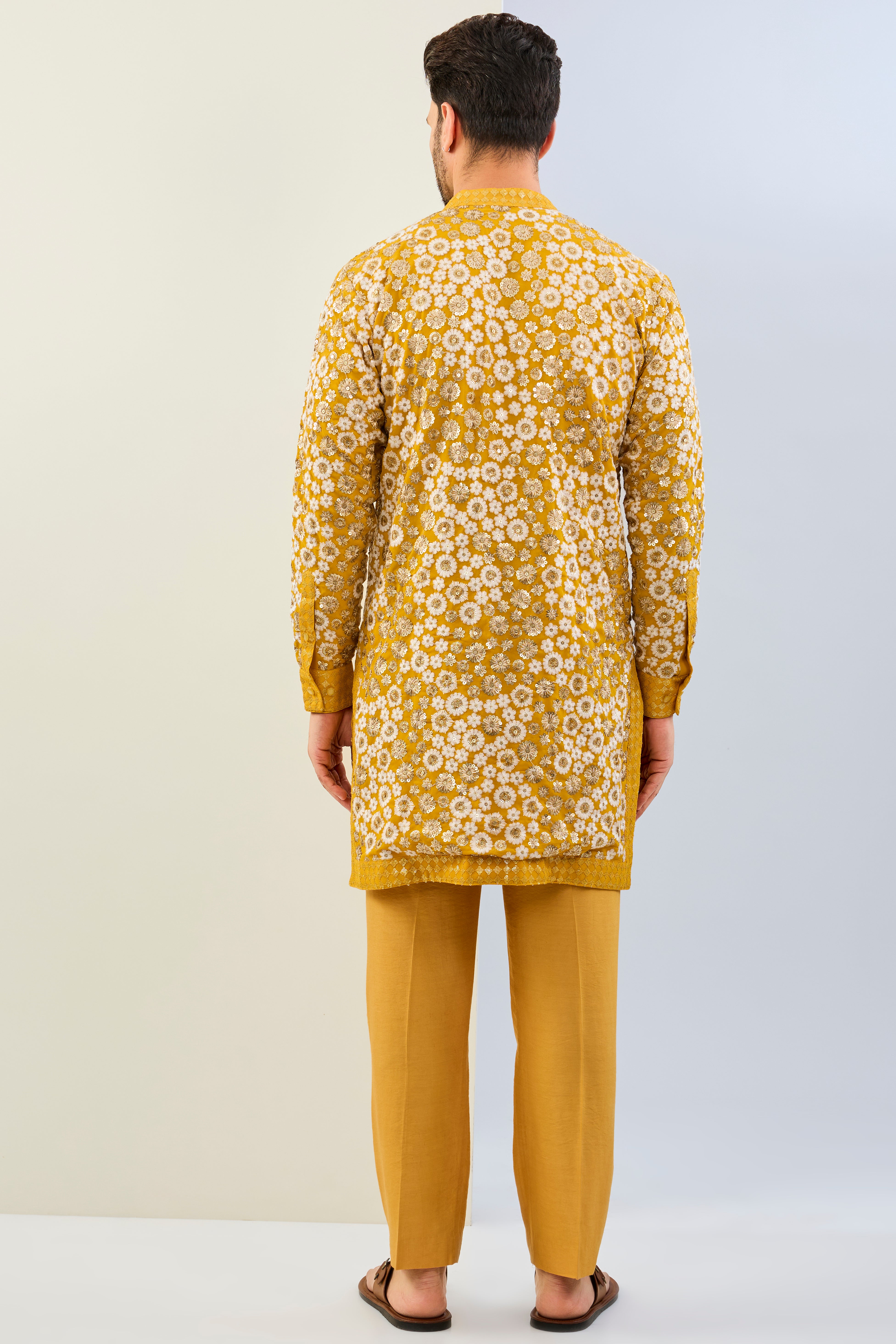 HALDI YELLOW GORGETTE WITH THREAD SEQUIN WORK LINED KURTA WITH SEQUIN CUFF, COLLAR, PLACKET AND MATCHING COTTON SILK PANT